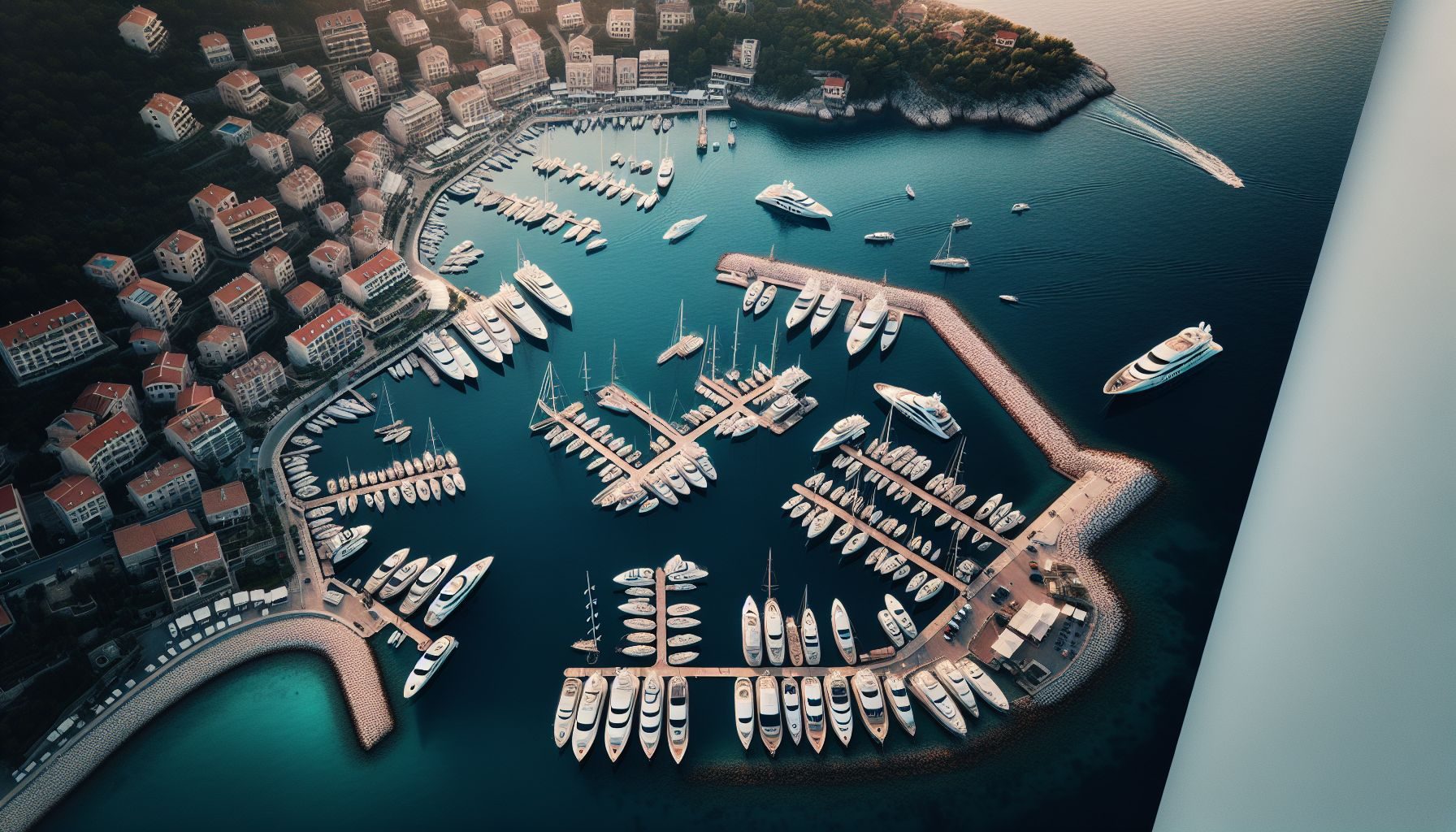 Vista aérea de uma marina intocada em Montenegro, repleta de iates atracados, ilustrando a tranquilidade e a beleza que a navegação em Montenegro oferece.