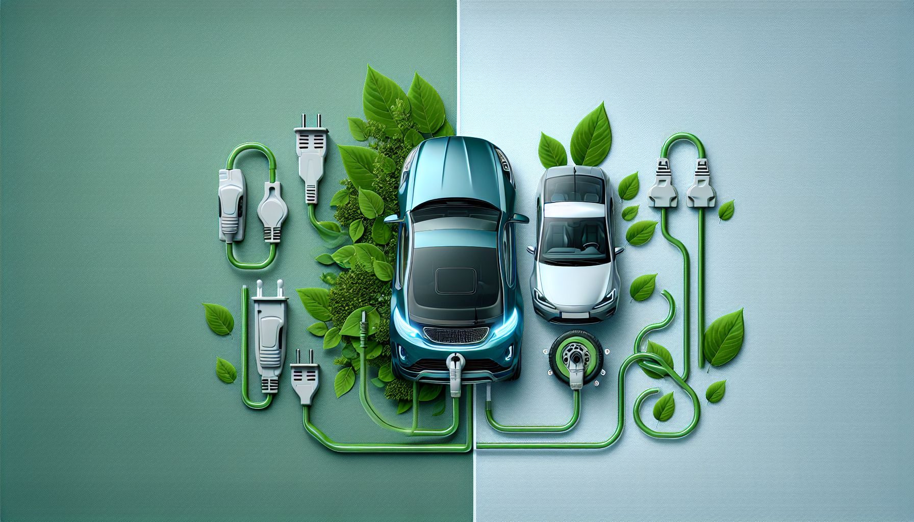 Une image conceptuelle - vue divisée de deux véhicules - une voiture à essence/diesel et une voiture électrique, soulignant la prise en compte des alternatives écologiques dans l'achat d'une voiture de société.