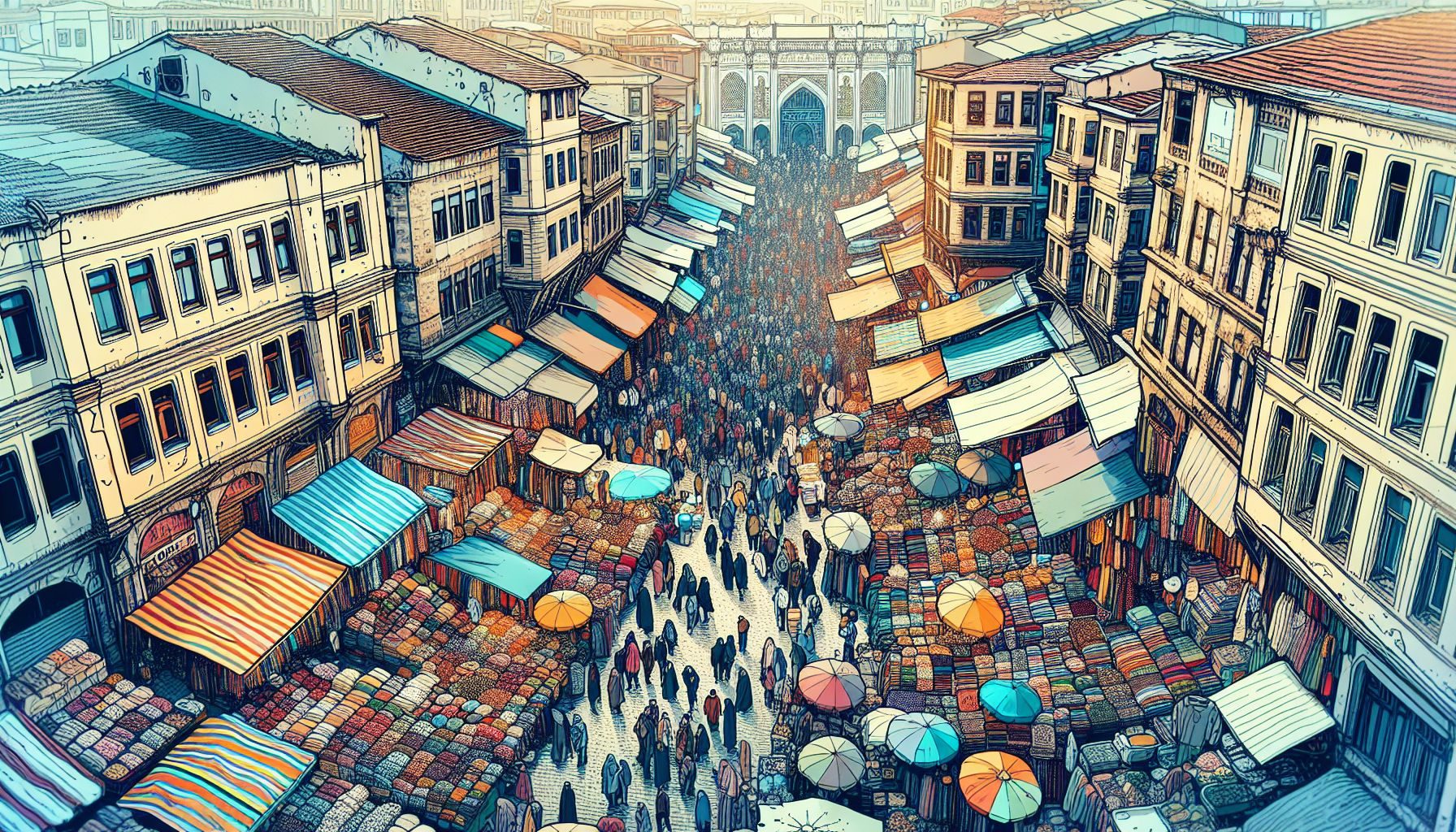 Eine Weitwinkelaufnahme der belebten Straßen von Istanbul, die eine farbenfrohe und vielfältige Marktszene zeigt und die Energie und Lebendigkeit der Stadt einfängt.
