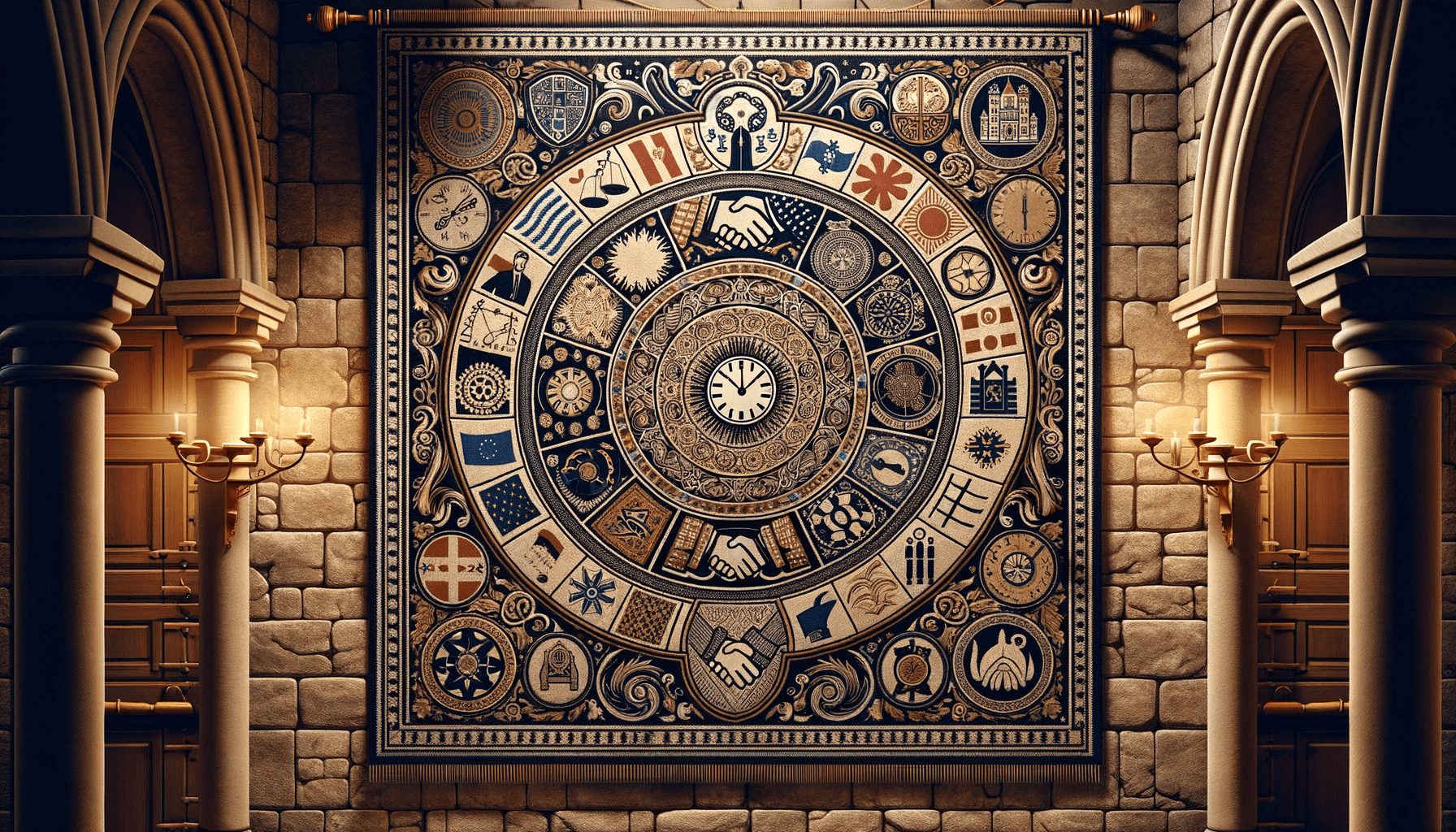 Illustration of a tapestry hanging on a stone wall, showcasing intricate patterns and symbols representing various European countries. The tapestry features several European Symbols.