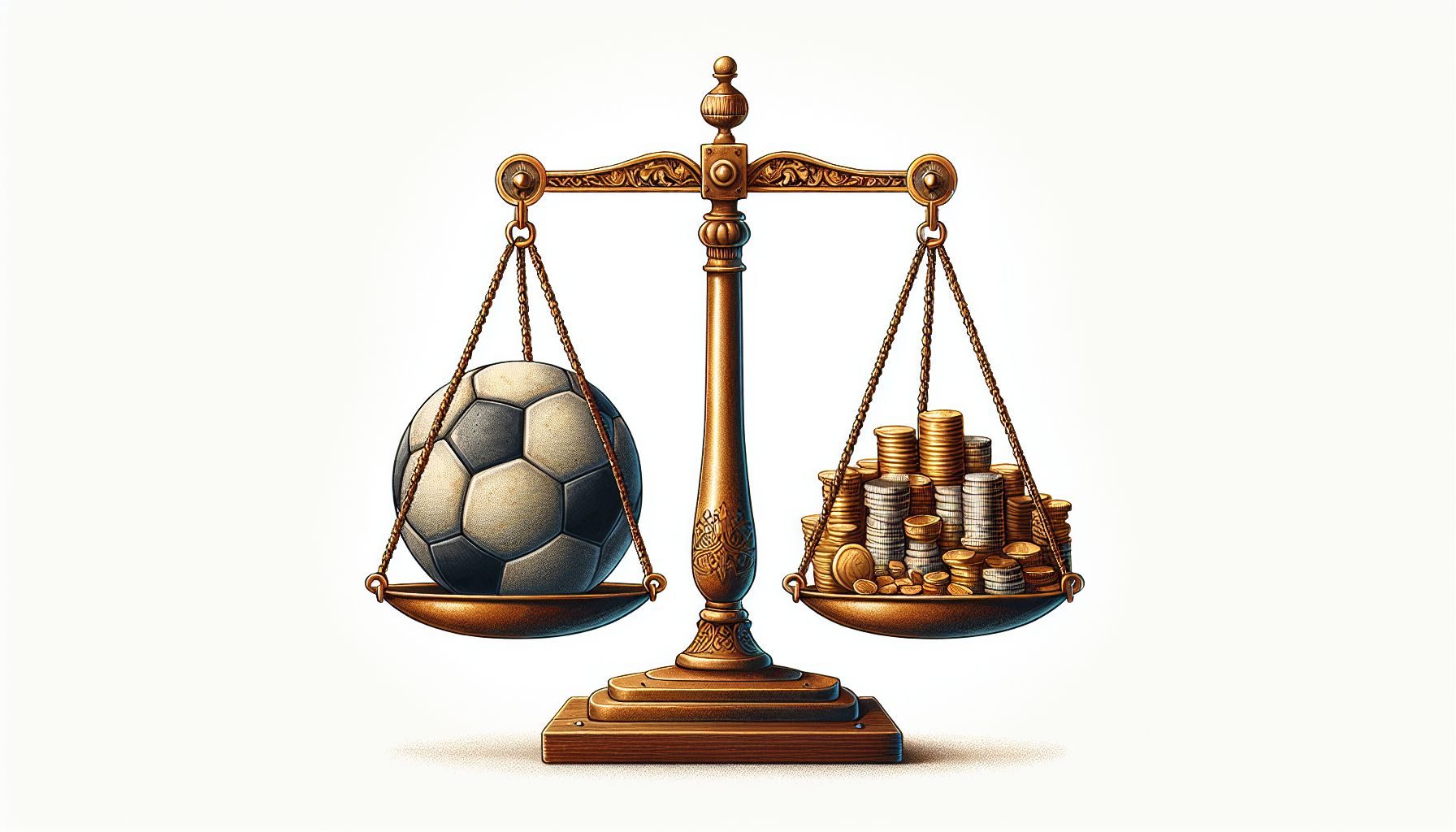 A symbolic image showcasing a balance scale with a football on one side and a pile of coins on the other side, illustrating the balance between commercial success and football tradition.