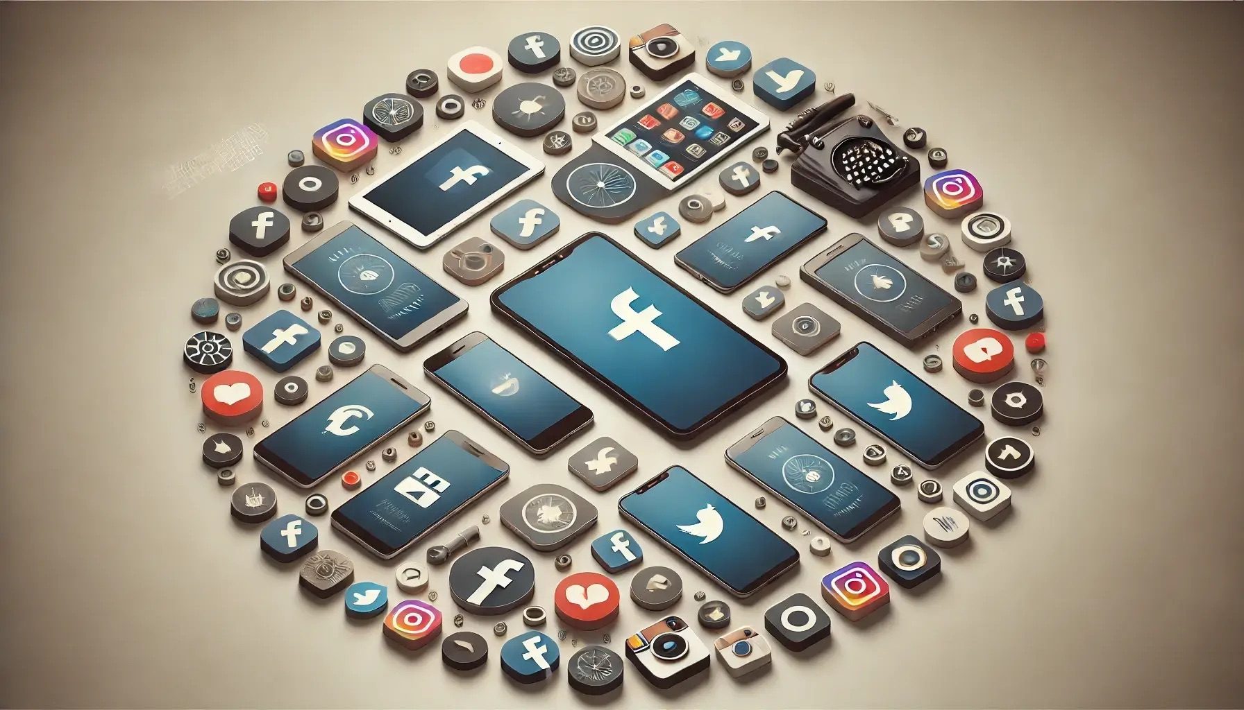 أجهزة متنقلة مختلفة موضوعة في دائرة مع رموز وسائل الإعلام الاجتماعية مثل Facebook وInstagram مبرزة على الشاشات، مما يشير إلى أهمية التسويق عبر الجوال ووسائل الإعلام الاجتماعية في ليتوانيا.
