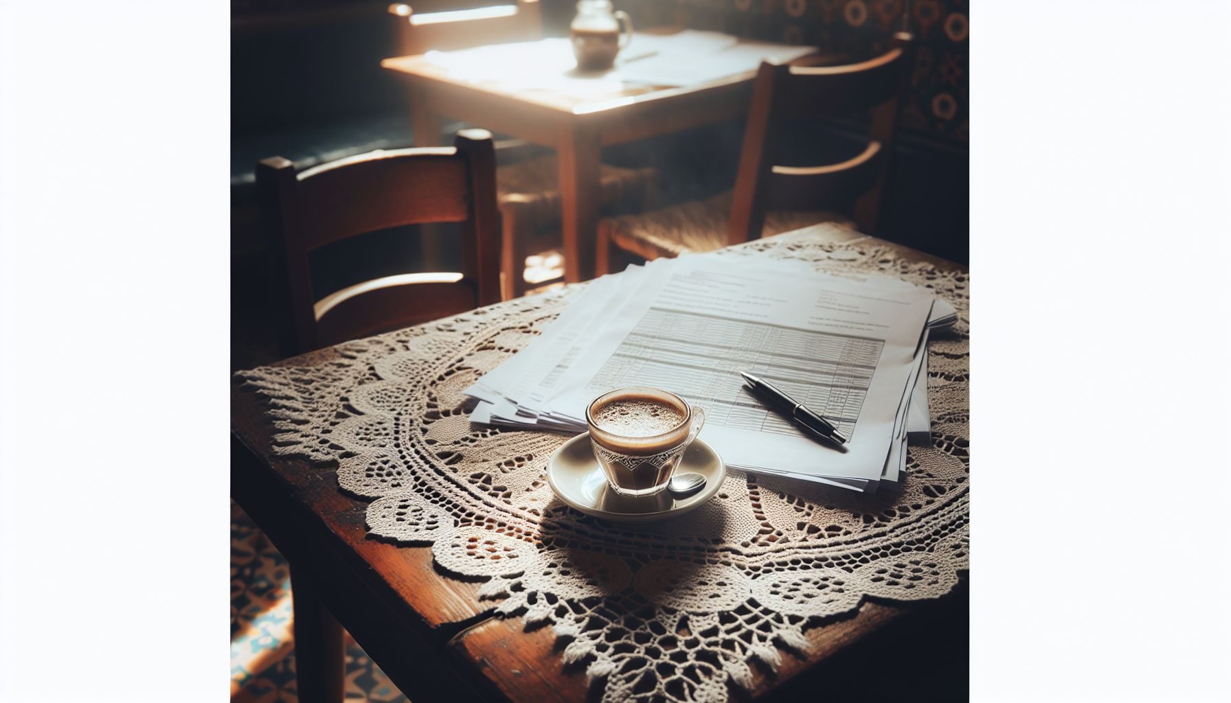A close-up shot of a pile of survey papers, placed on a traditional Maltese lace tablecloth, alongside a typical Maltese cup of coffee to symbolize the concept of survey-based market research execution in Malta.