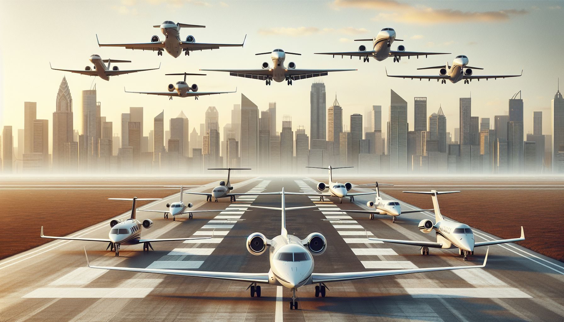 Eine Aufstellung verschiedener Arten von Privatjets und Flugzeugen auf einer Landebahn, die die Bandbreite der Flugzeugoptionen darstellt, einschließlich Turboprop, Leichtjet oder Schwerjet.
