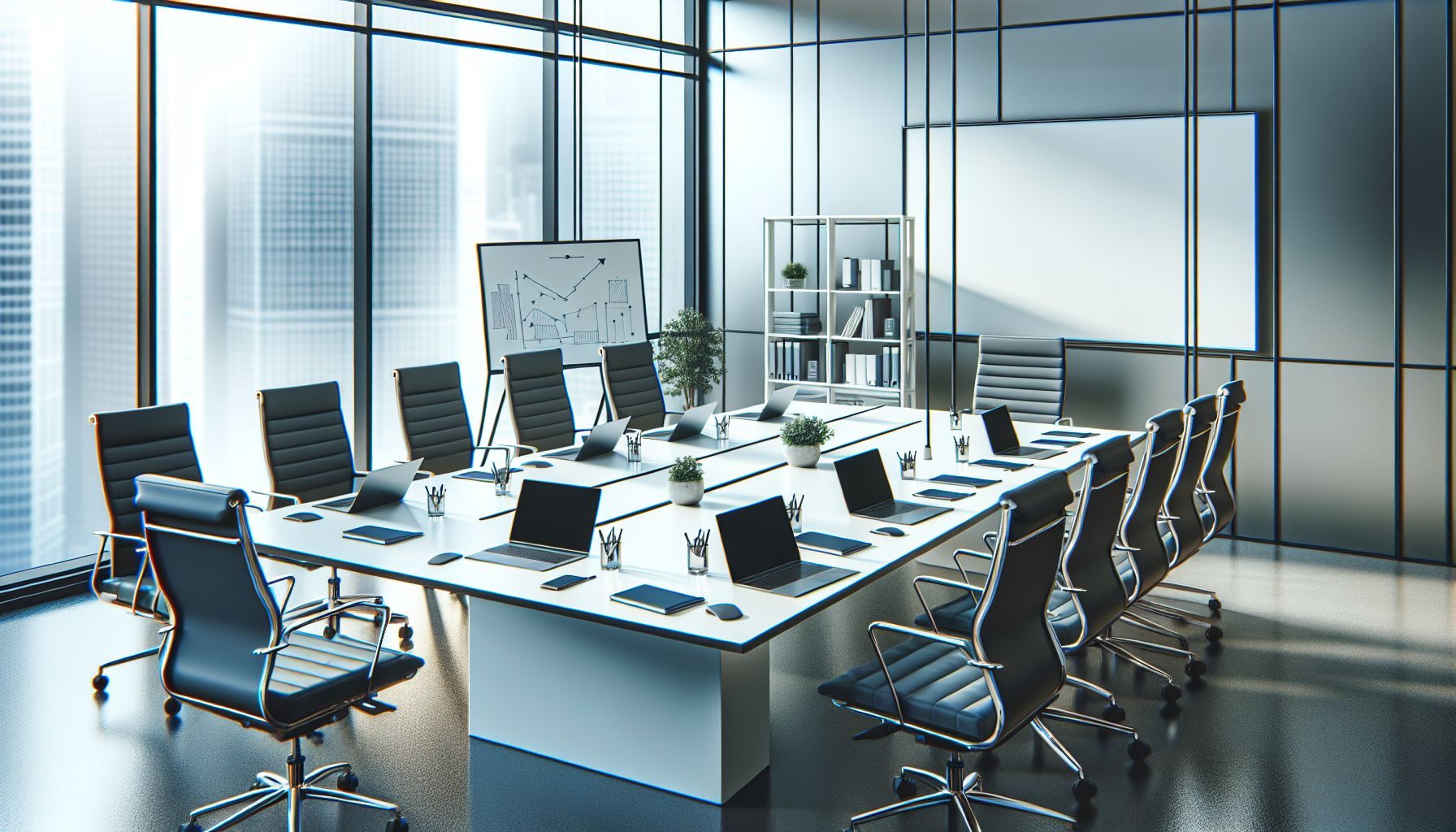 Une image d'un bureau immaculé d'un cabinet de consulting, présentant une table de conférence avec plusieurs dispositions de sièges, un grand tableau blanc, et plusieurs ordinateurs portables fermés, symbolisant des sessions de planification et de stratégie soigneuses.