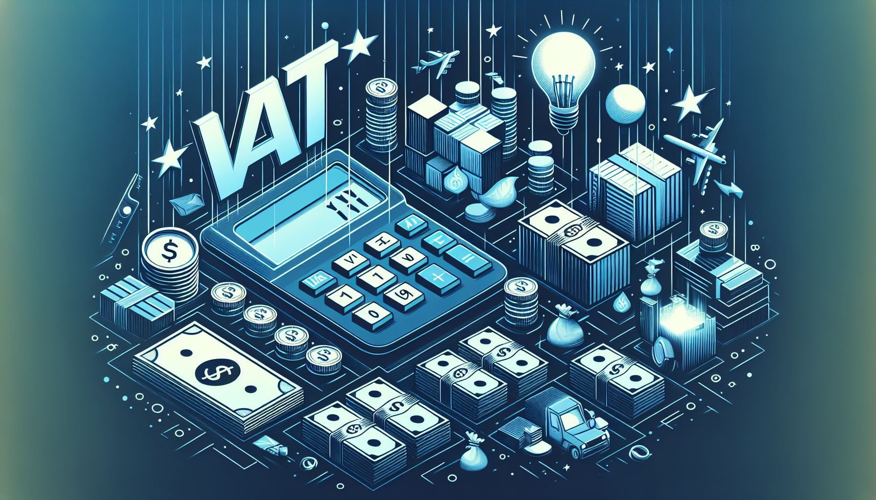 An abstract image illustrating the assessment of VAT and duty payments, represented with symbols such as a calculator, cash, and goods being imported.