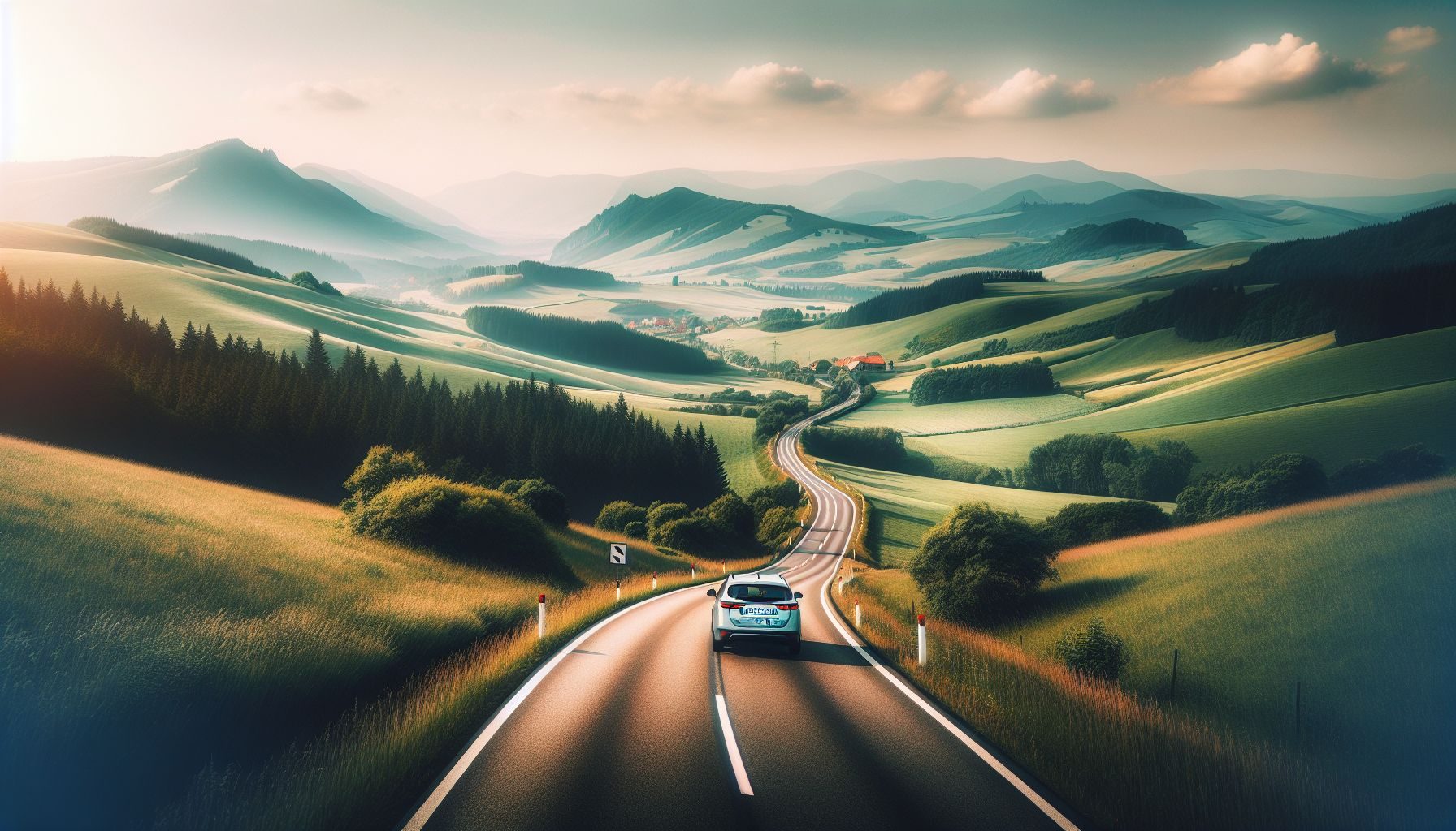 Un coche de empresa viajando por una carretera panorámica en Eslovaquia, mostrando un hermoso paisaje en el fondo.