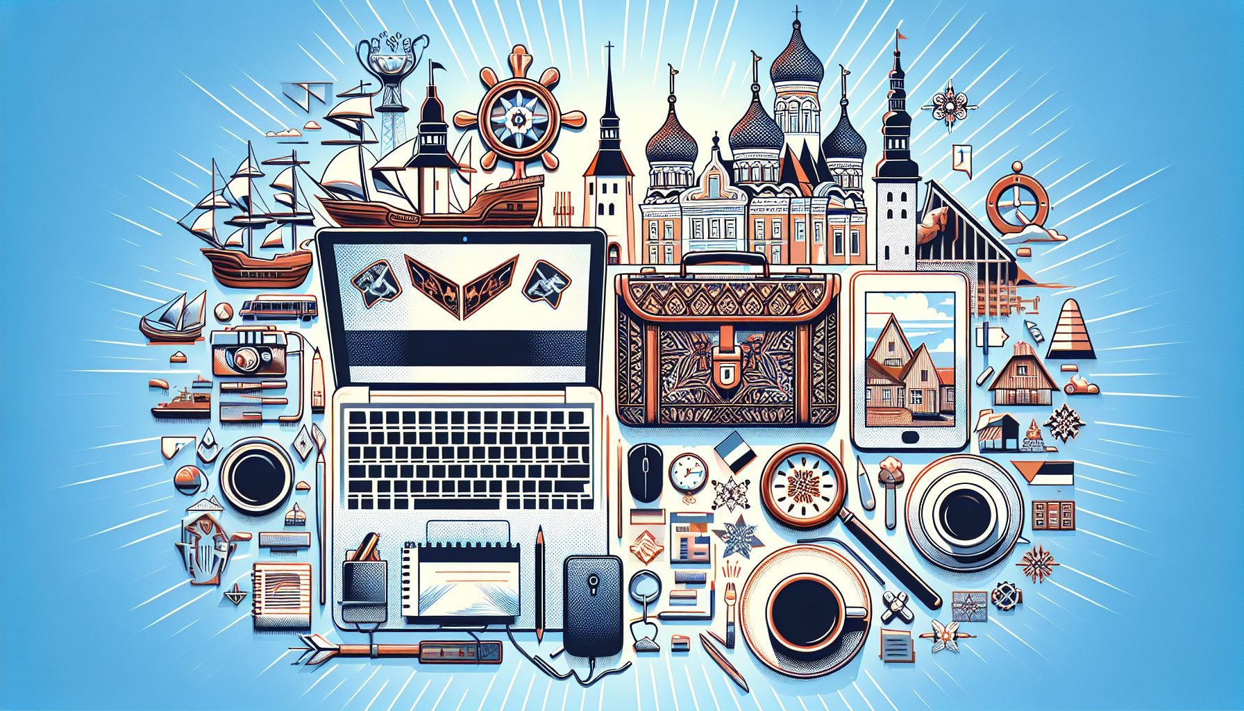 Uma imagem retratando a cultura local estoniana e o equilíbrio entre trabalho e vida pessoal, representada por itens relacionados ao trabalho, como um laptop ou pasta, combinados com símbolos culturais ou marcos da Estônia ao fundo.