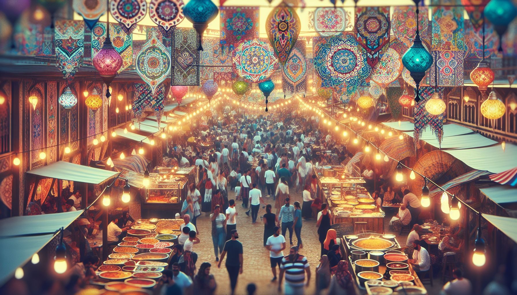 Ein traditionelles türkisches Fest, gefüllt mit hellen Dekorationen, Volkstrachten und traditionellen Essensständen, die den kulturellen Geist und das Ambiente der Türkei einfangen.