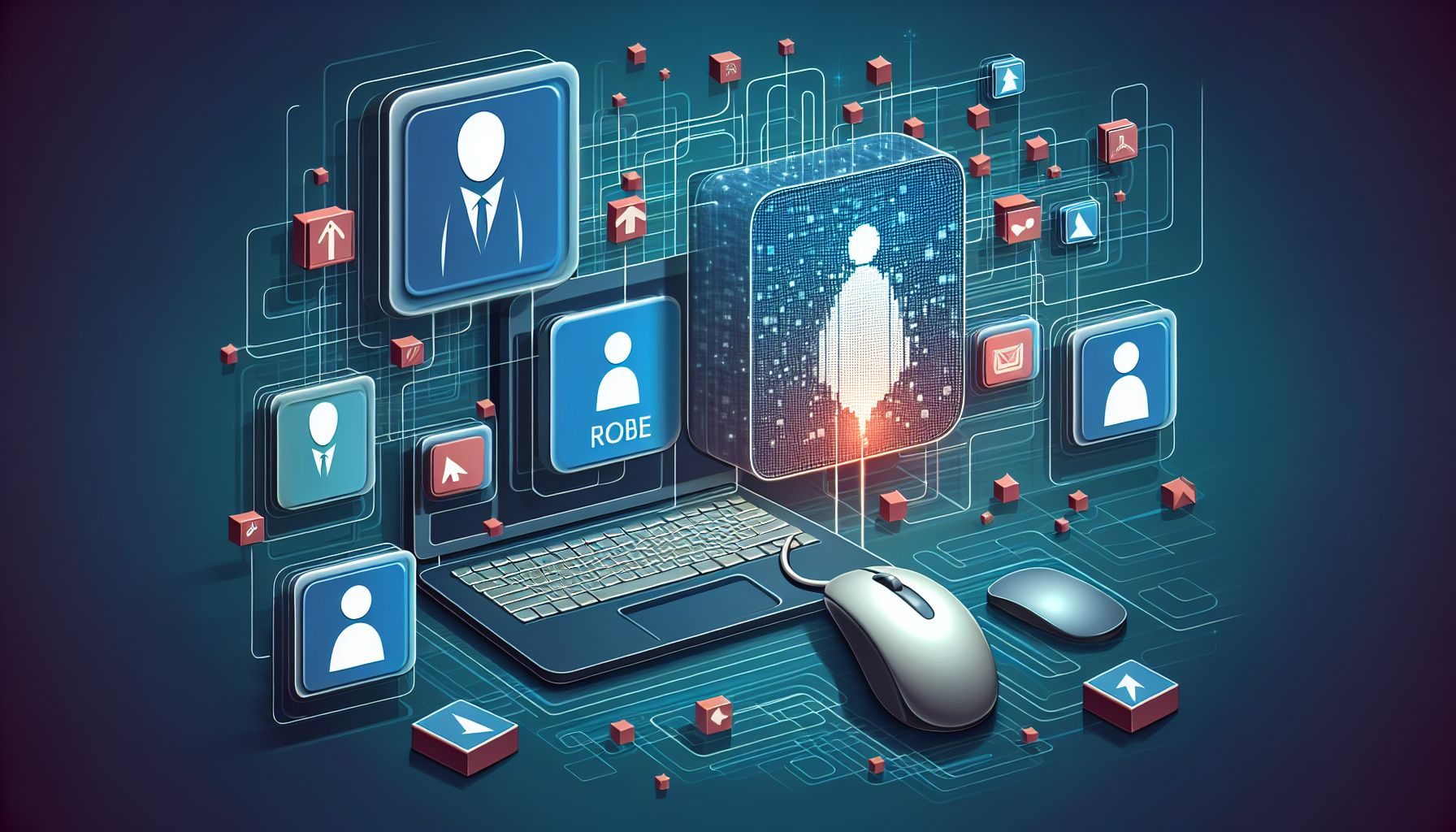 Uma composição abstrata do processo de recrutamento, apresentando elementos como um mouse de computador simbolizando anúncios de emprego online e blocos de diferentes tamanhos representando diversas funções em uma empresa.