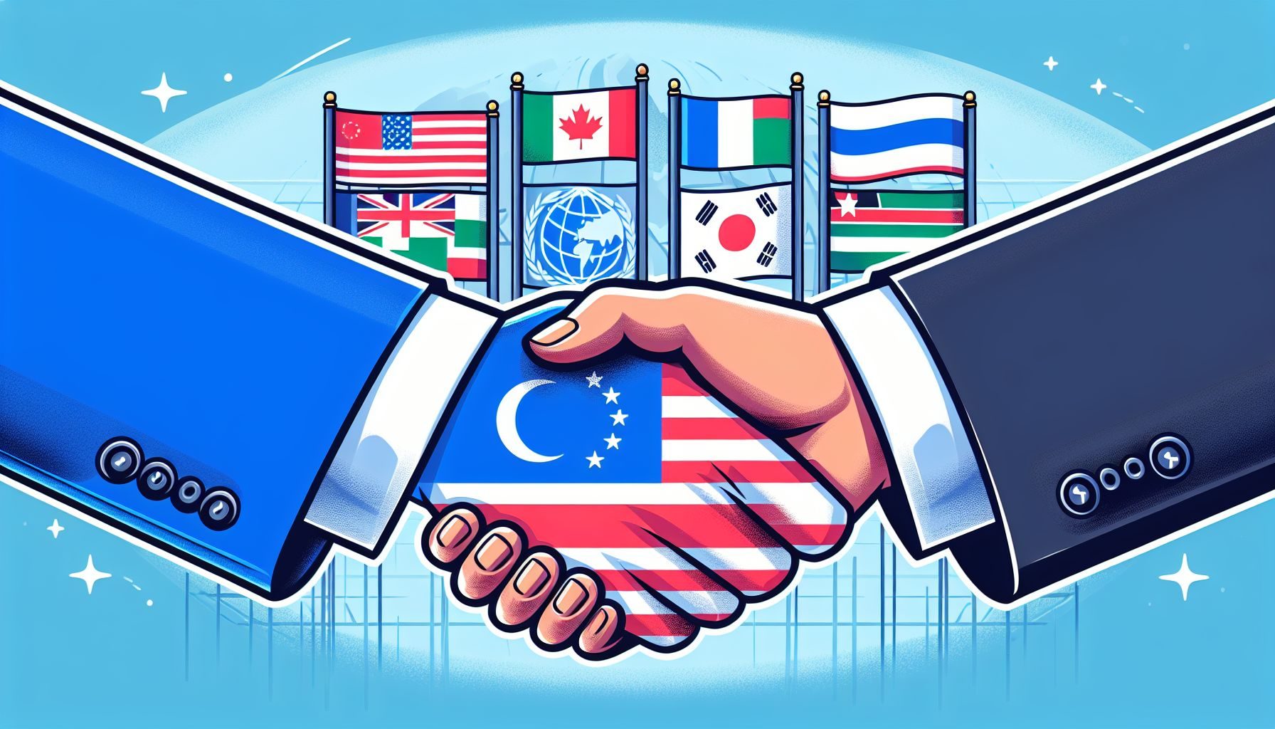 Illustration of a handshake between a foreign company and a local industry expert, symbolizing a successful partnership and collaboration, without showing identifiable facial features or specific people.