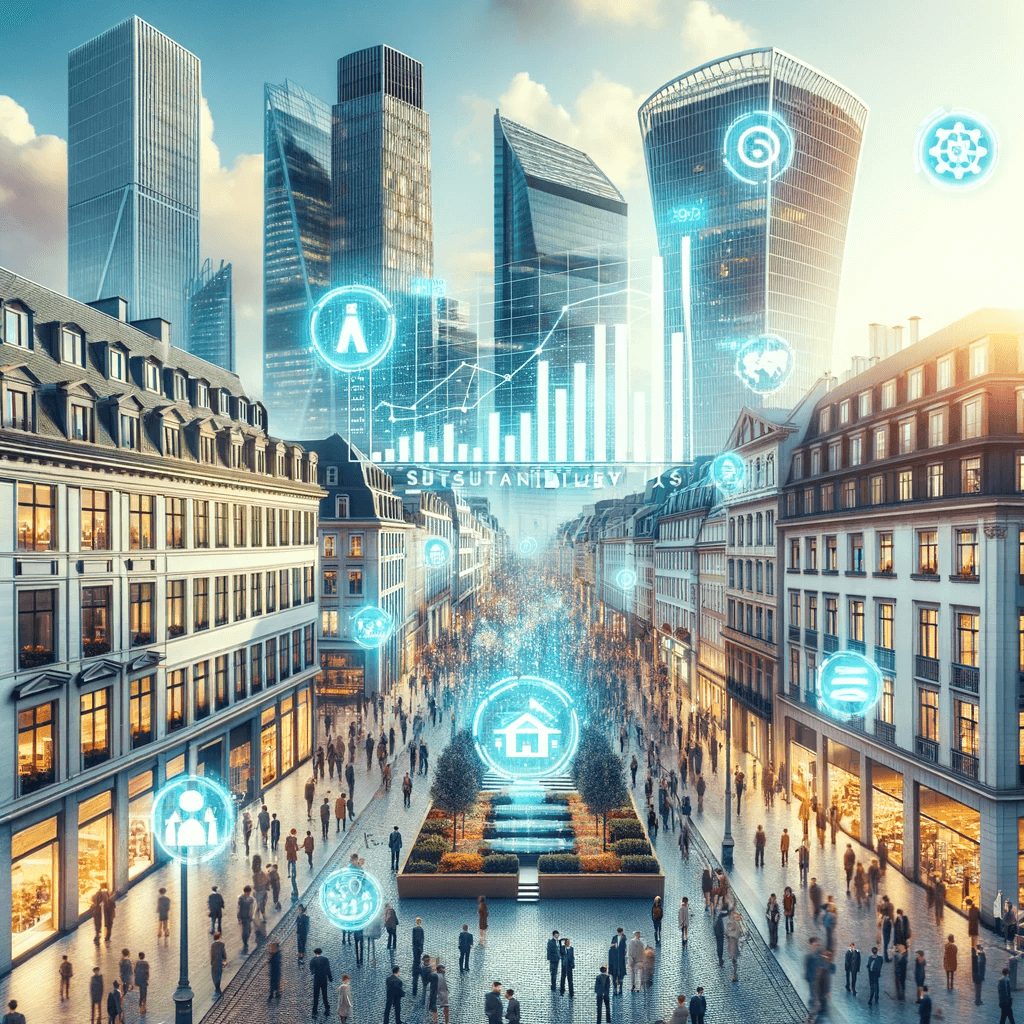 Photo of a modern European business district with skyscrapers, bustling streets, and people of diverse descent engaged in business activities. Digital