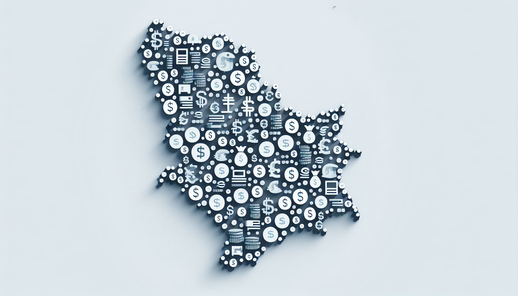 Uma representação minimalista do mapa da Sérvia, coberto com pequenas imagens de moedas, significando as leis e regulamentos fiscais que as empresas precisam considerar.