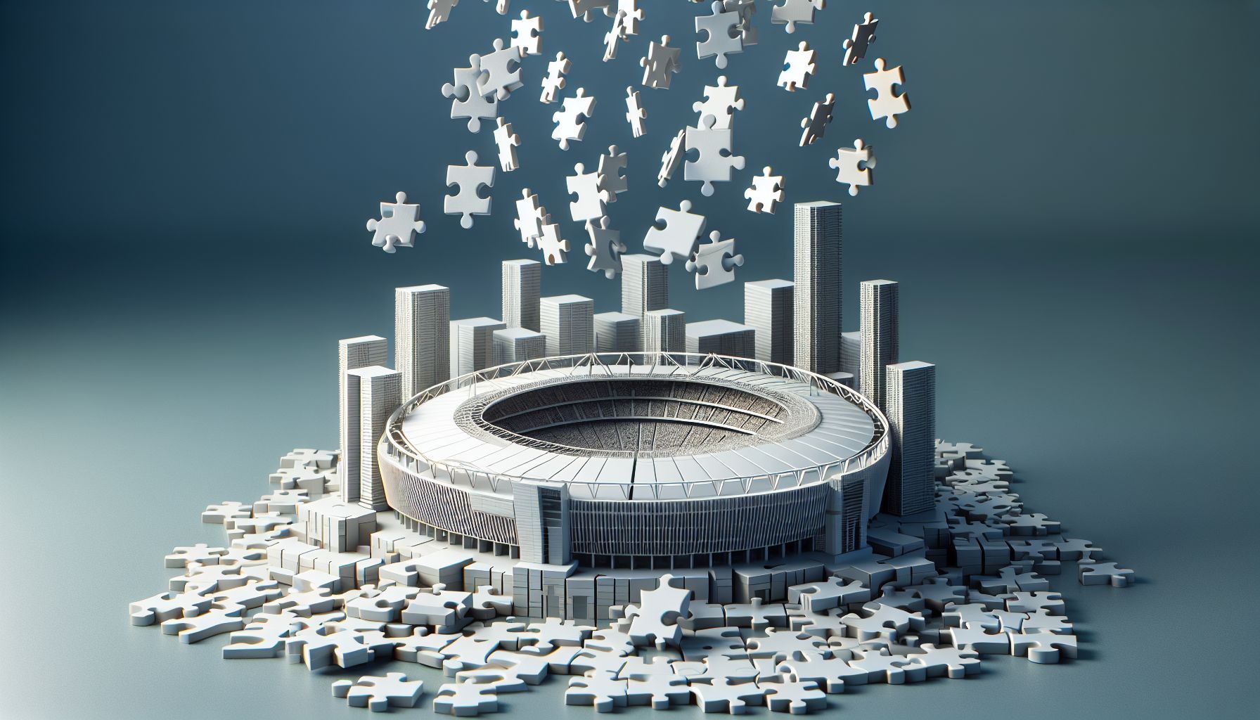 An image comprising of three-dimensional jigsaw puzzle pieces falling together to form a model of a large-scale sporting venue, representative of the construction and real estate growth associated with hosting the Olympics.