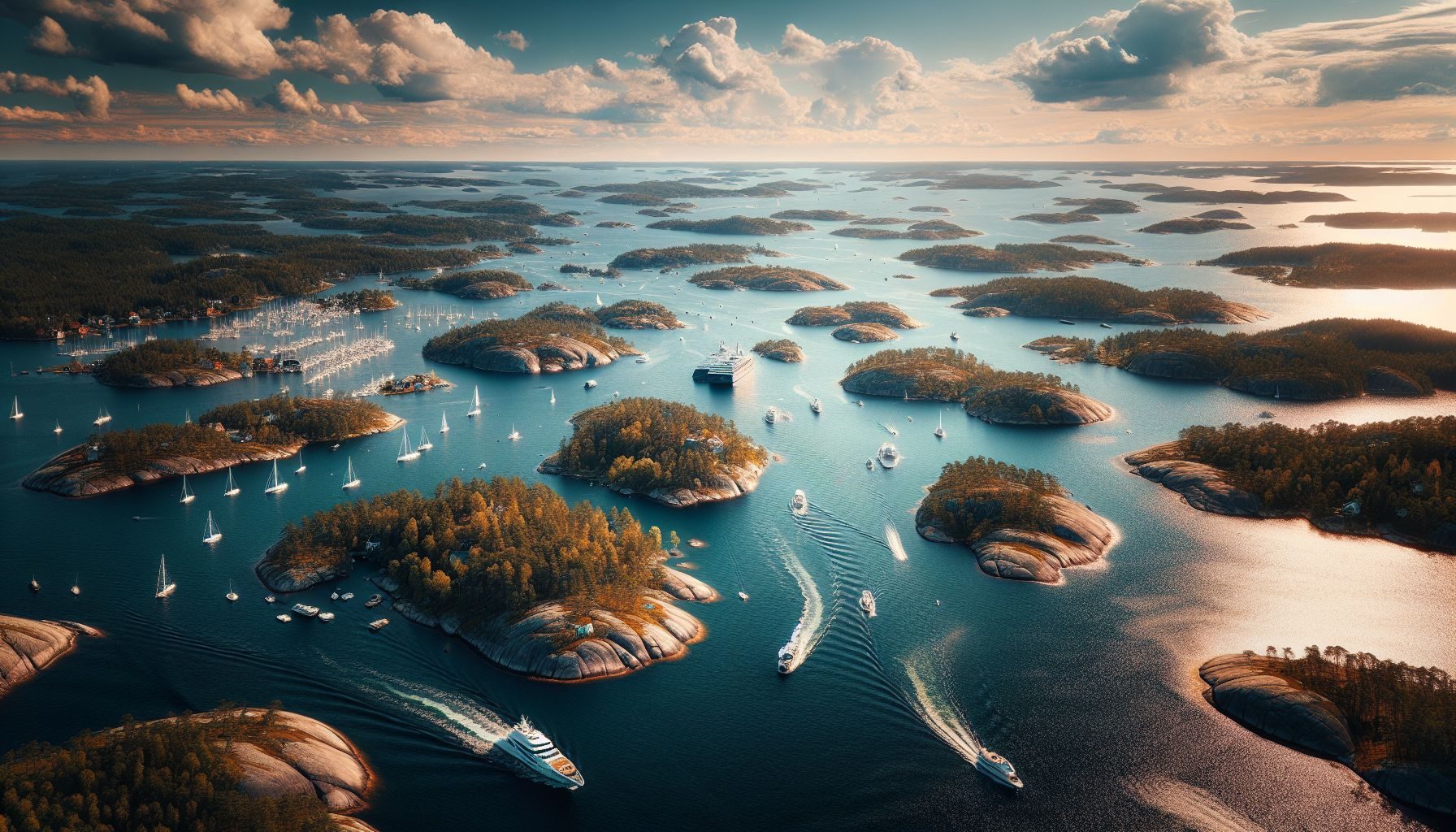 A picturesque panoramic view of the Swedish coastline dotted with beautiful islands and sparkling waters, with several magnificent yachts sailing in the distance.