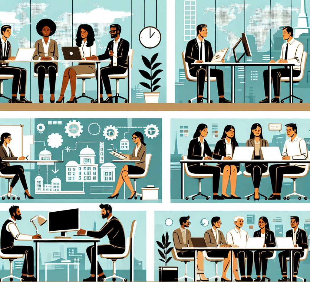 A series of different workplace settings with Swiss employees collaborating on projects, illustrating the workforce considerations of doing business in Switzerland.