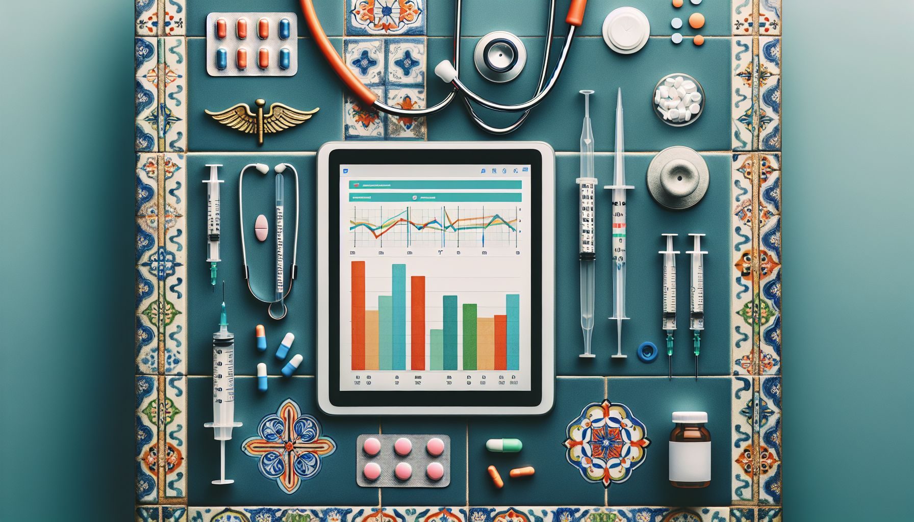 Eine Draufsicht auf ein Paar Hände, die ein digitales Tablet halten, das Diagramme und Statistiken anzeigt, die das Gesundheitssystem Portugals darstellen, mit identifizierenden Elementen wie dem Nationalen Gesundheitsdienst und speziellen sozialen Krankenversicherungssystemen.