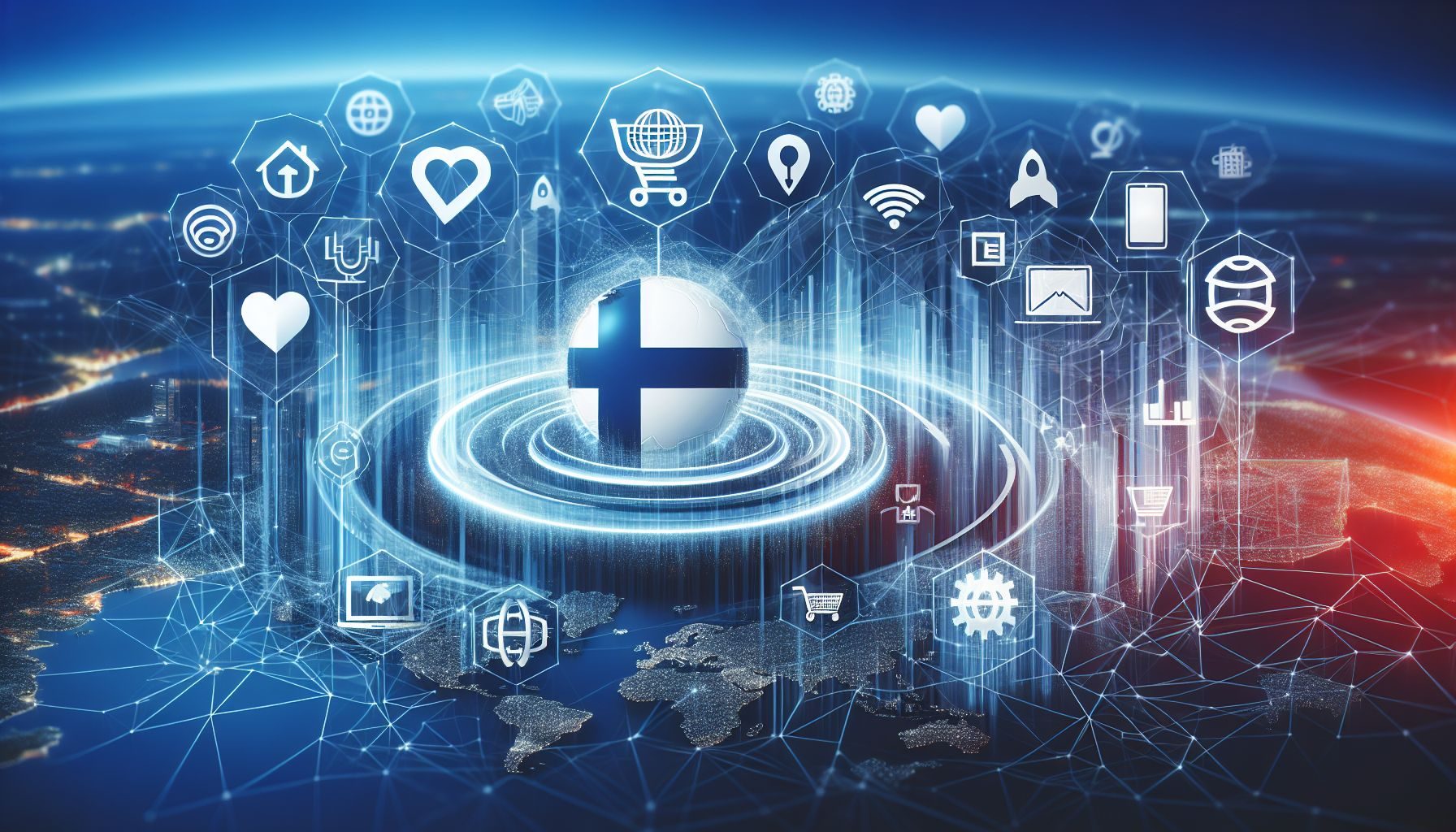 A dynamic digital graphic illustrating the strong internet penetration in Finland, with icons representing e-commerce and digital innovation.