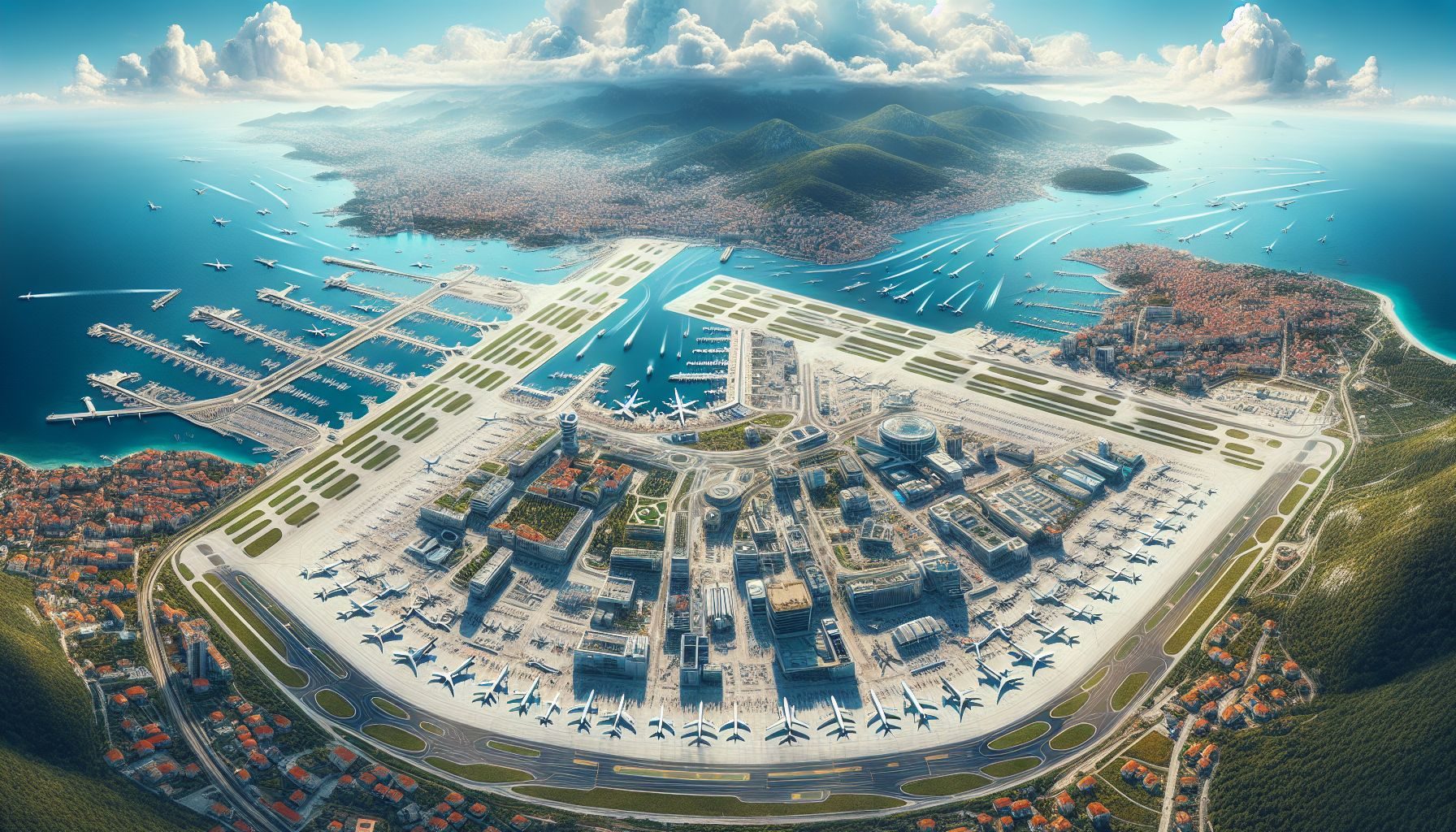 Ein Panorama-Luftbild des größten Flughafens von Montenegro, das vor Aktivität nur so brummt und das Wachstum und die Entwicklung des Luftfahrtsektors von Montenegro veranschaulicht.