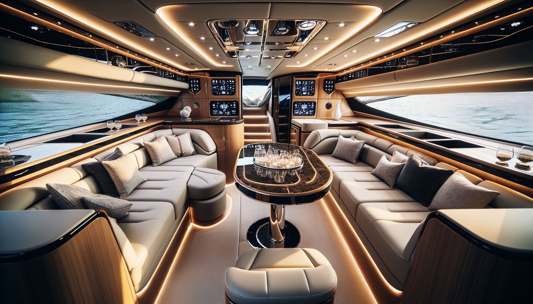 Dentro da cabine de um iate sofisticado, dando um vislumbre íntimo das comodidades luxuosas e conforto dos interiores modernos de iates.