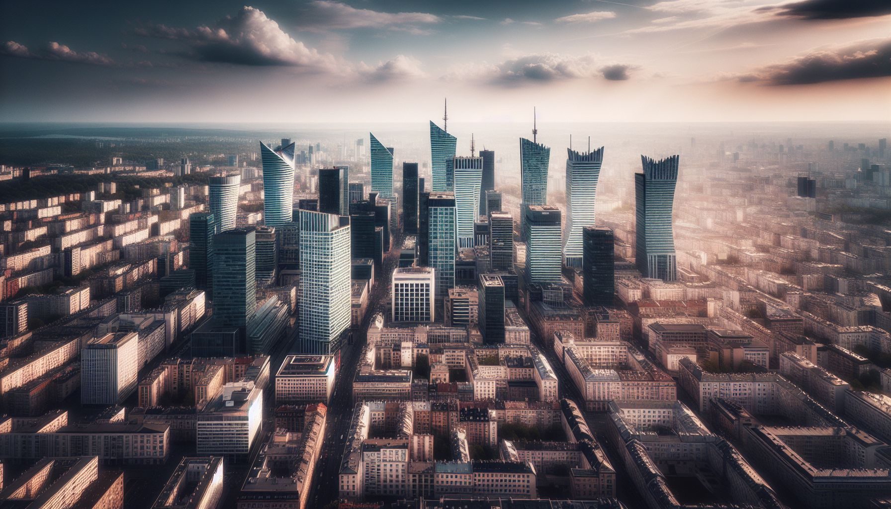 A high-angle skyline shot of Warsaw, showcasing the dense concentration of commercial buildings and skyscrapers, denoting the thriving economy and real estate market.