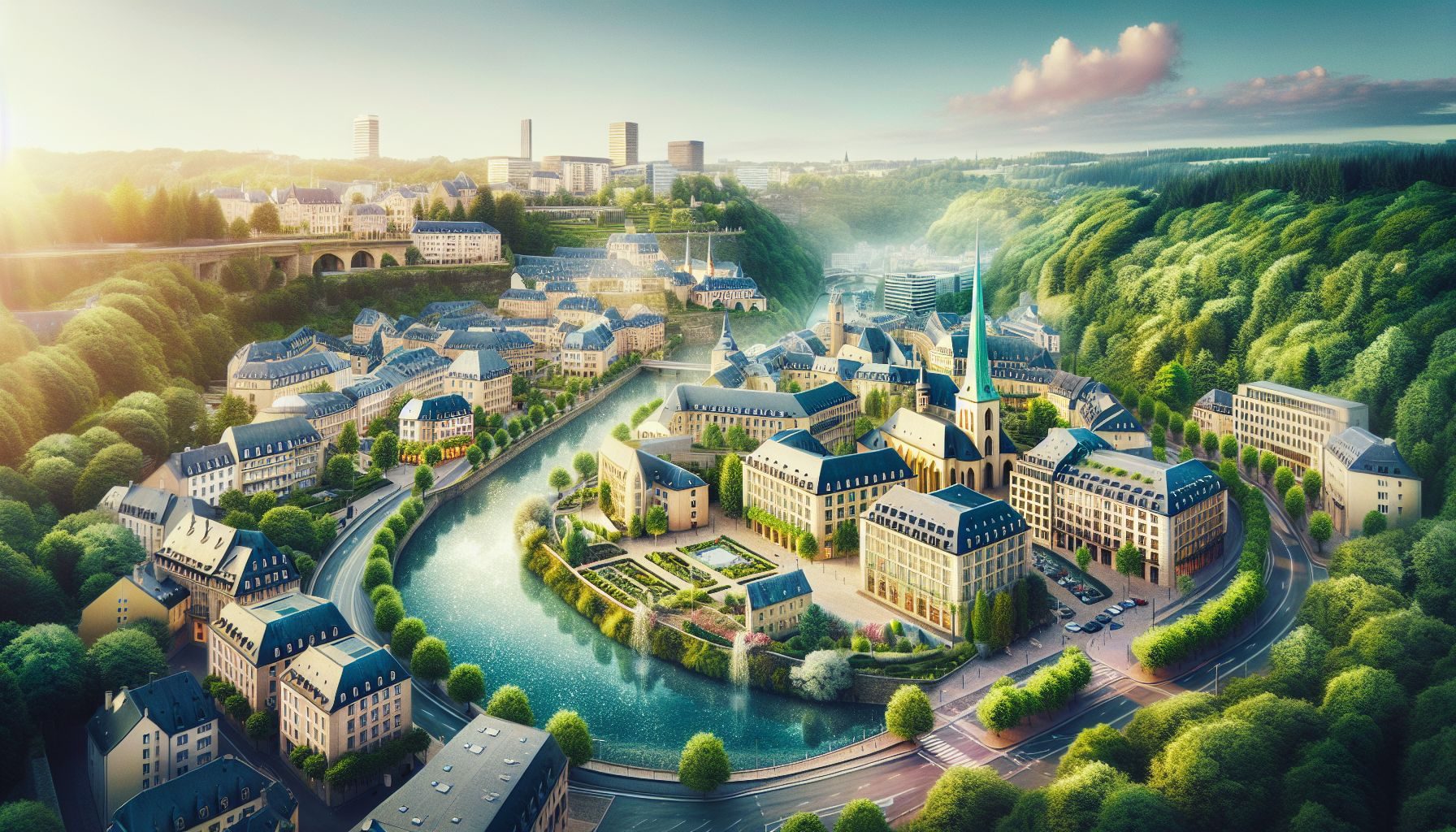 Une vue aérienne pittoresque de la ville de Luxembourg mettant en valeur son architecture et son environnement naturel, la désignant comme un pôle attractif pour l'investissement immobilier.