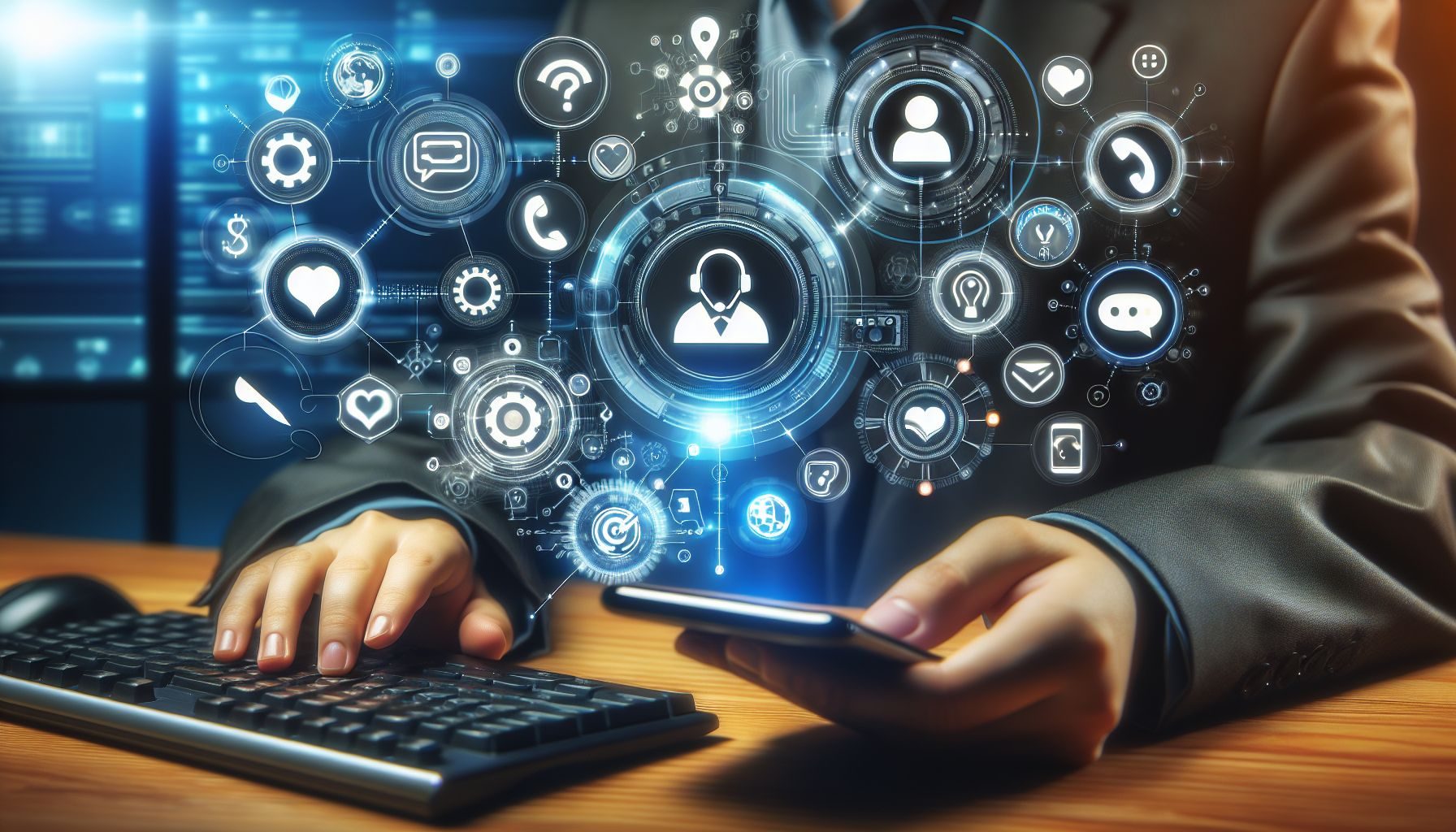 Une image axée sur la technologie d'un système de support client numérique comprenant des chatbots et des icônes de médias sociaux.