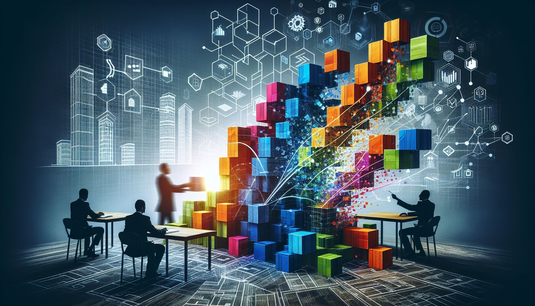 Une image conceptuelle de blocs de construction assemblés ensemble, symbolisant les processus et les stratégies impliqués lors d'un investissement immobilier guidé par le cabinet de conseil en affaires.