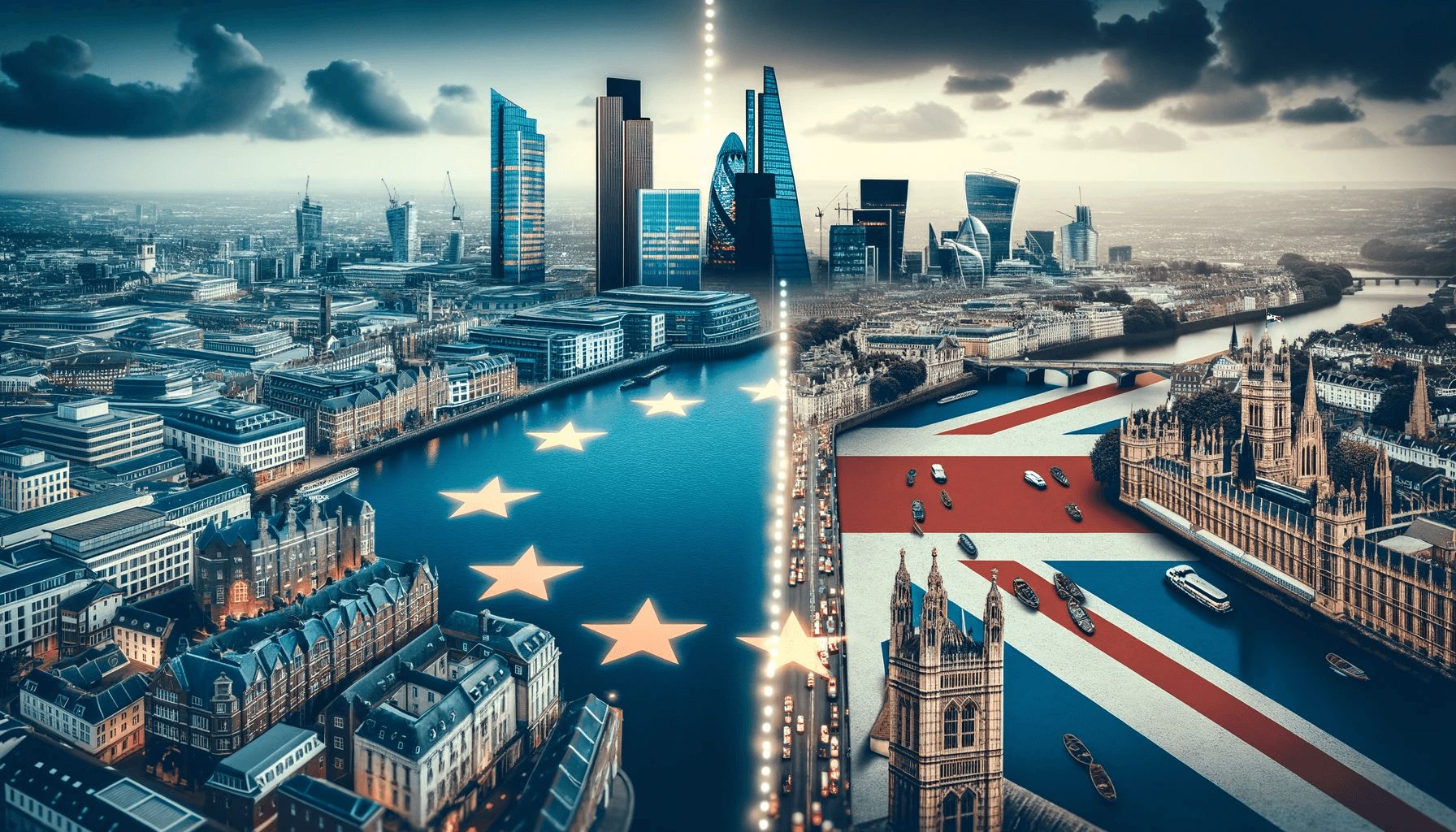 Photo of a split scene showcasing two distinct landscapes. On the left, a bustling European city with modern skyscrapers representing the EU.