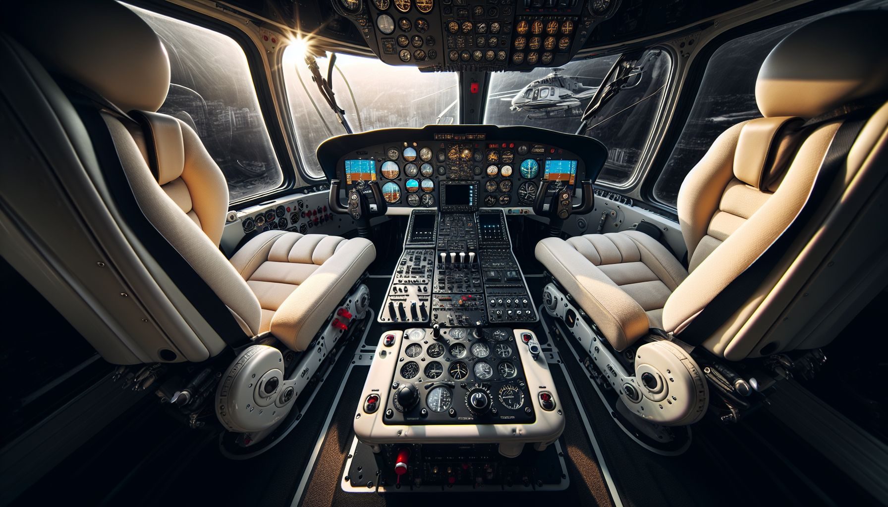 Un poste de pilotage d'hélicoptère immaculé capturant la complexité des commandes et le luxe de l'agencement des sièges, suggérant un entretien de haute qualité.