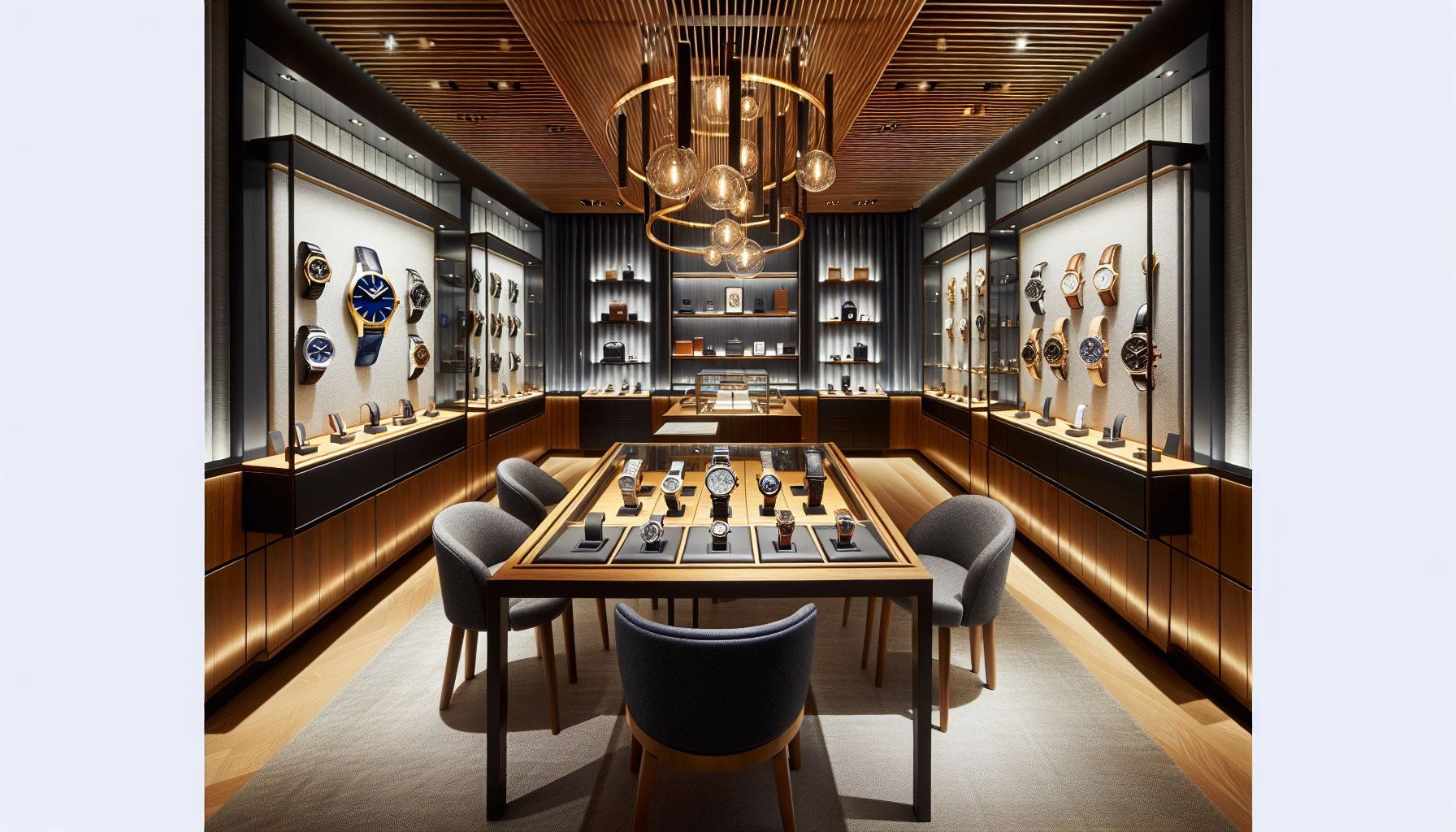Une boutique de montres suisses sophistiquée présentant une variété de marques de montres de luxe.