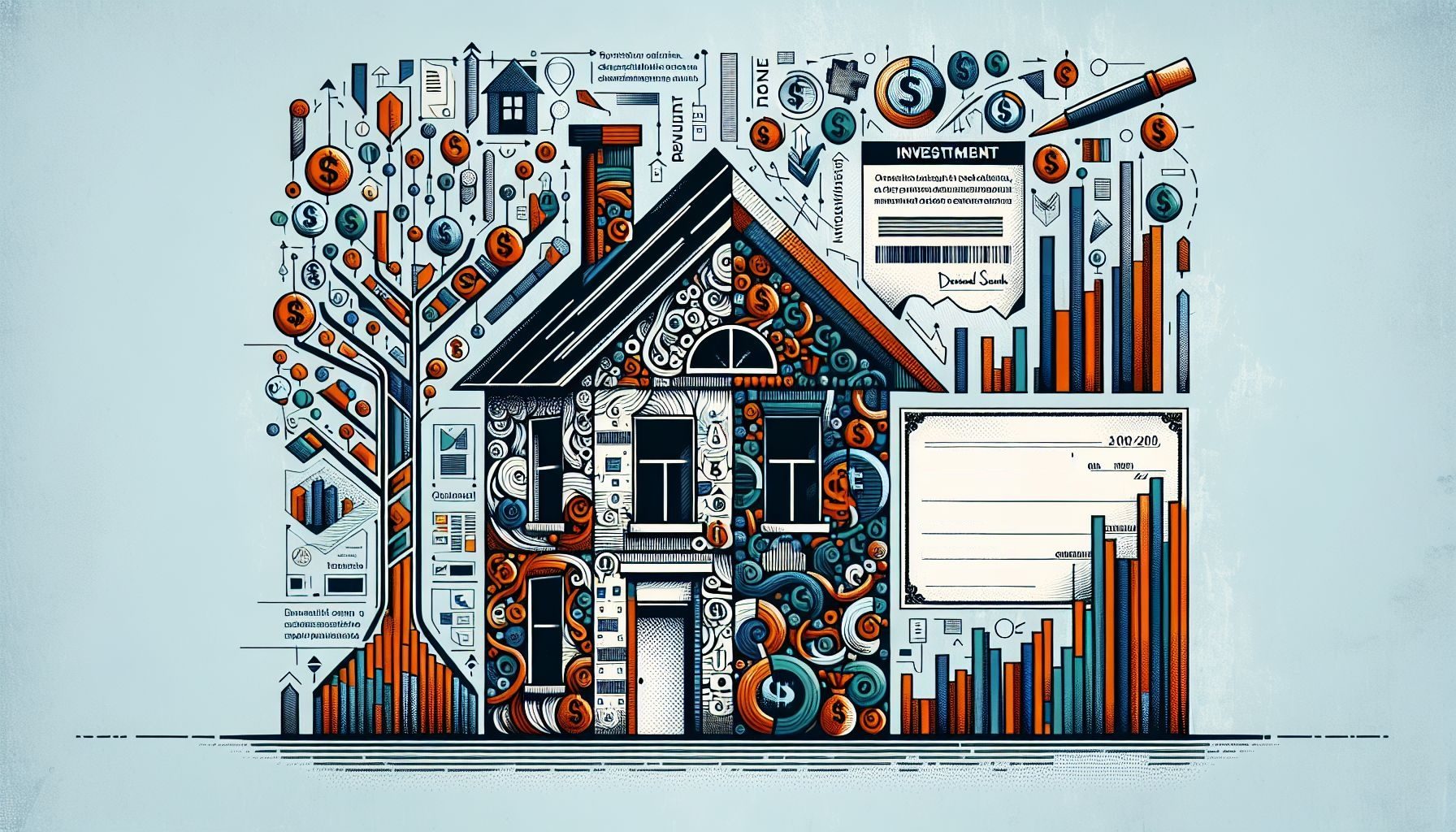 An assortment of investment icons, including a house, a share certificate, and a dividend cheque, to symbolize various types of taxable investment incomes in Romania.
