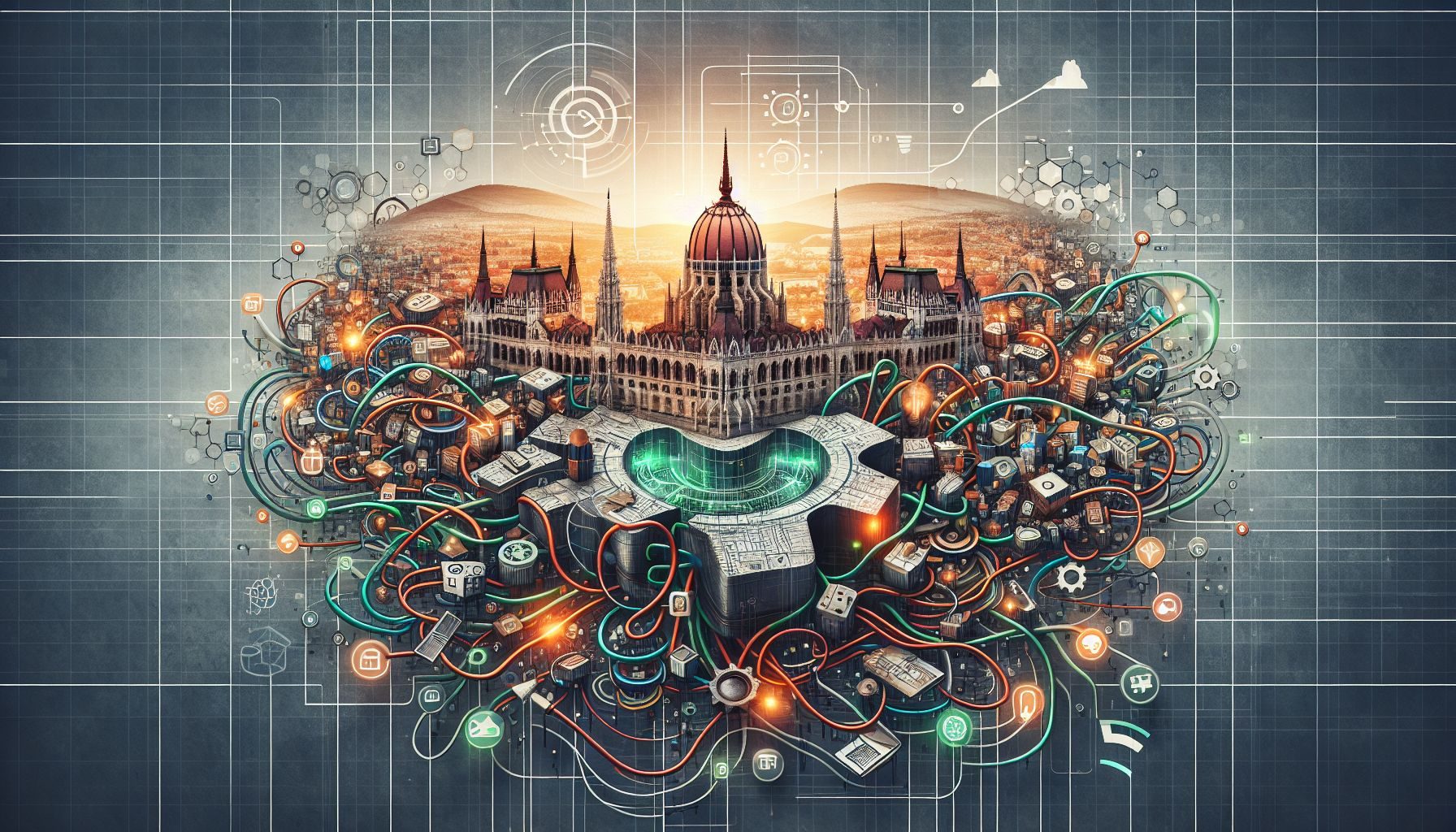 صورة توضيحية تبرز التلاحم بين التكنولوجيا والابتكار والنمو الرقمي، تدل على نمو قطاع التكنولوجيا المتصاعد في هنغاريا.