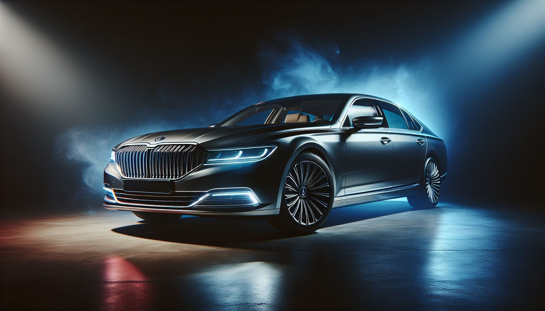 Um elegante Audi A8 em iluminação de estúdio dramática, destacando suas curvas e cores, enquanto apresenta partes cruciais como rodas, capô e interior.