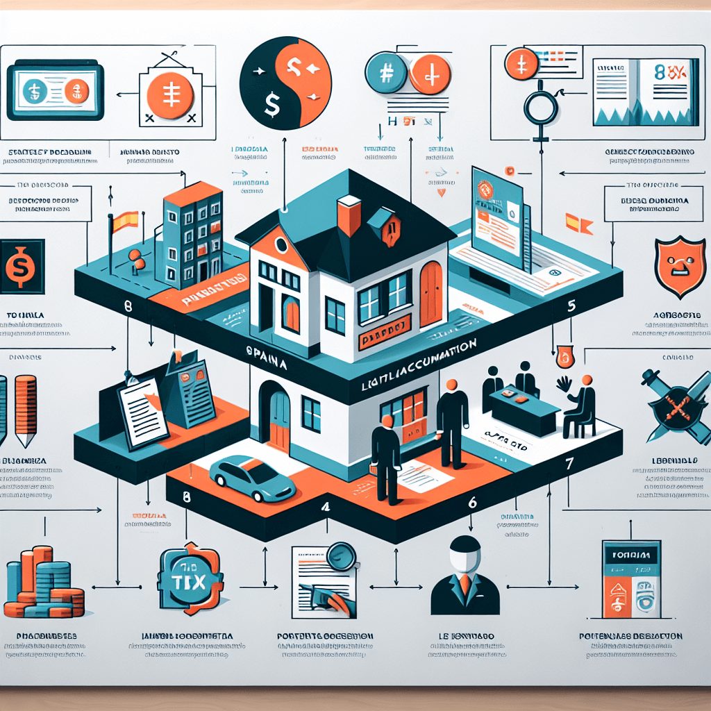 An infographic depicting the step-by-step process of buying property in Spain, including legal documentation, agreements, and potential tax implications.