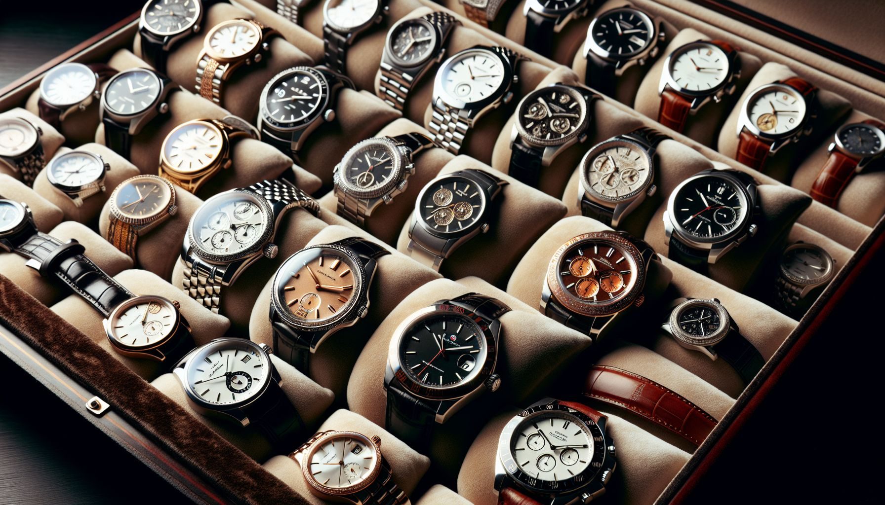 Un assortiment de montres de luxe suisses de différentes marques présentées sur un tissu de velours doux.