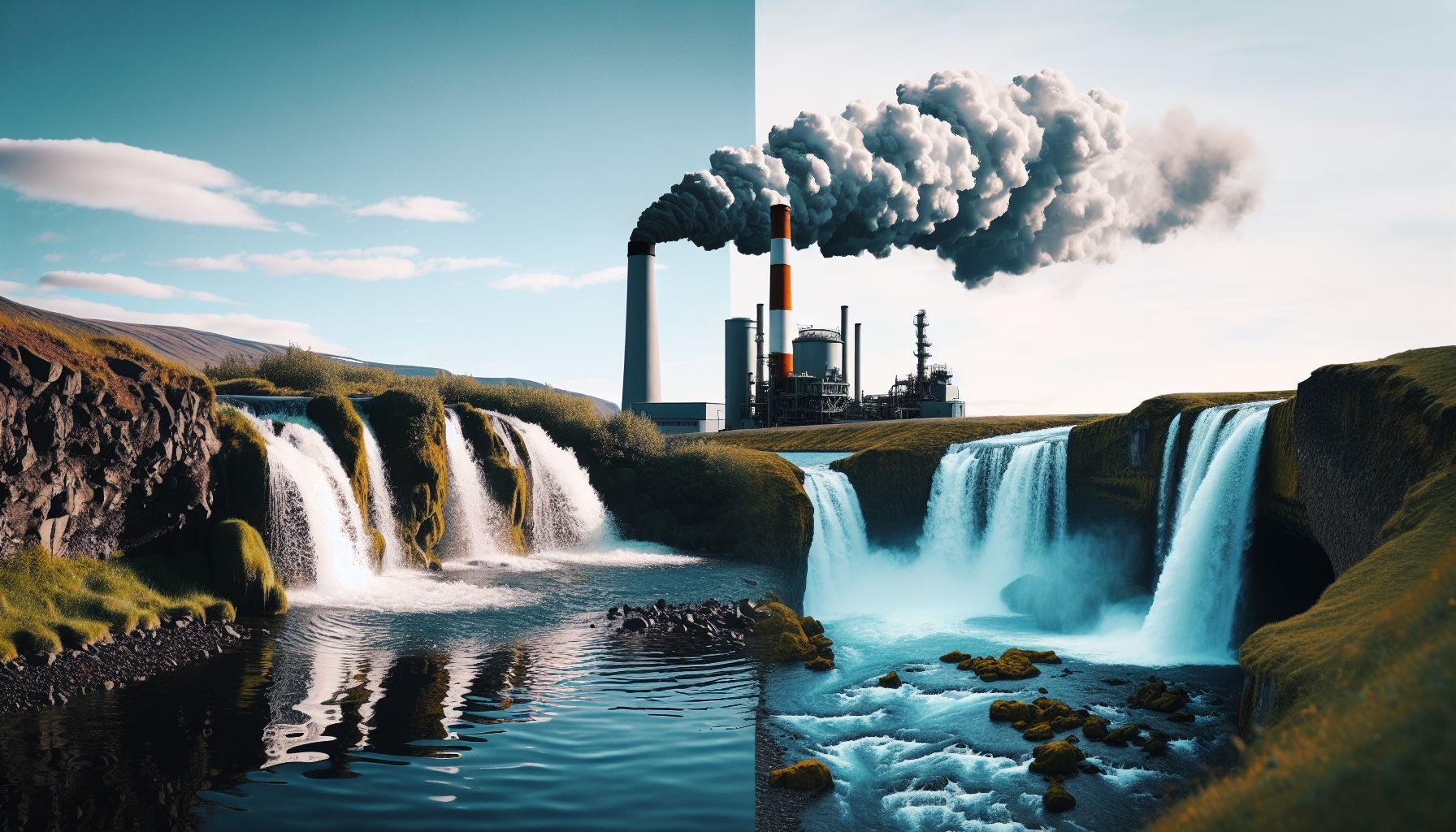 A contrasting picture showcasing a serene Icelandic waterfalls scene, juxtaposed with a polluting industrial smokestack, symbolizing the importance of environmental sustainability in business practices in Iceland.