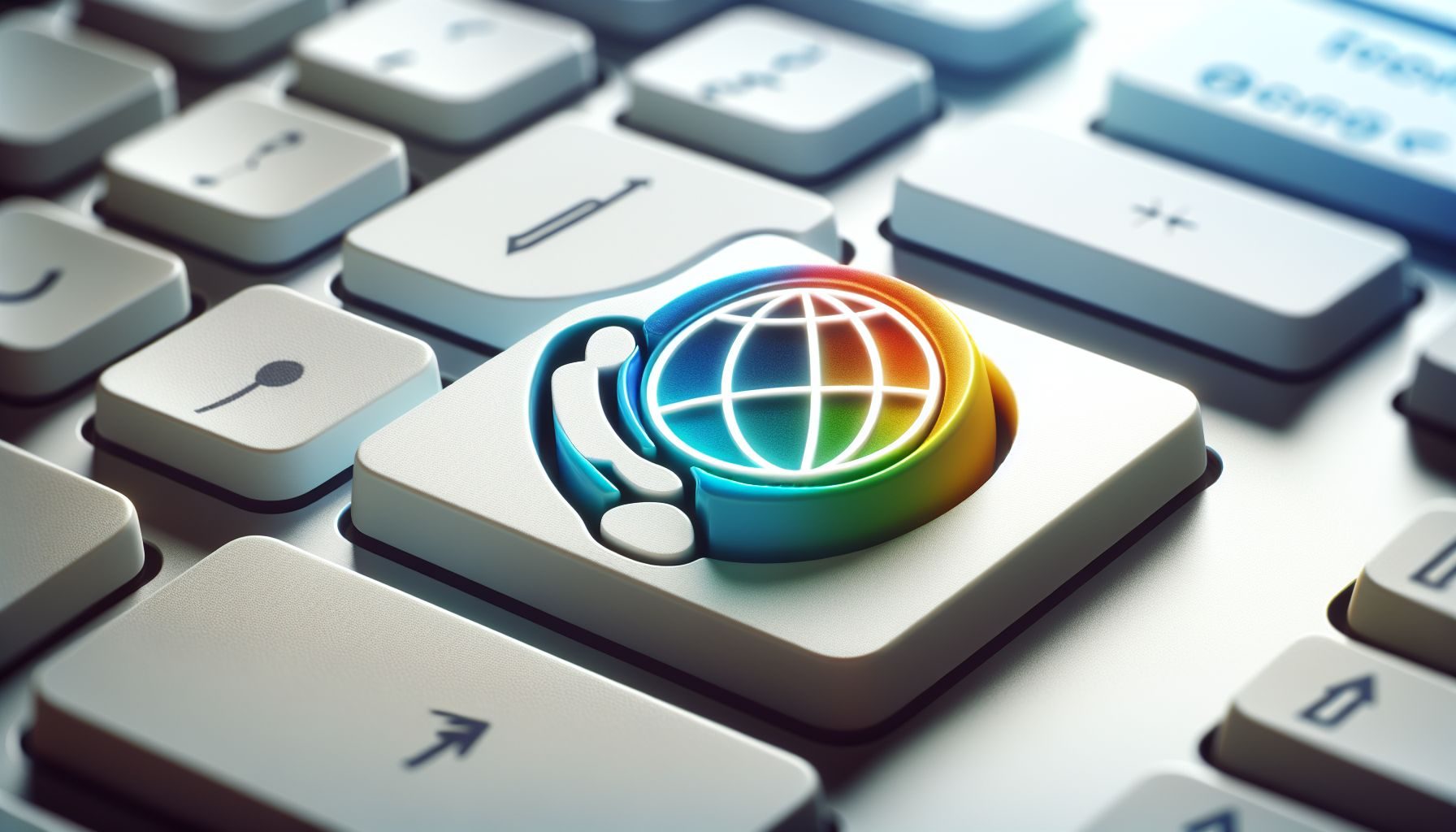 Close-up of a computer keyboard with a multi-coloured globe key indicating the integration of technology into customer support