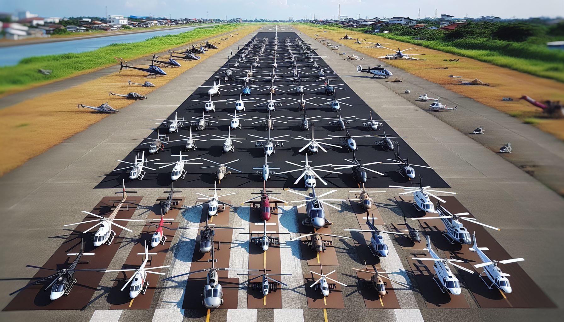 Eine Auswahl verschiedener Hubschraubermodelle aufgereiht auf einer Startbahn, die verschiedene Größen und Arten von Flugzeugen repräsentieren.