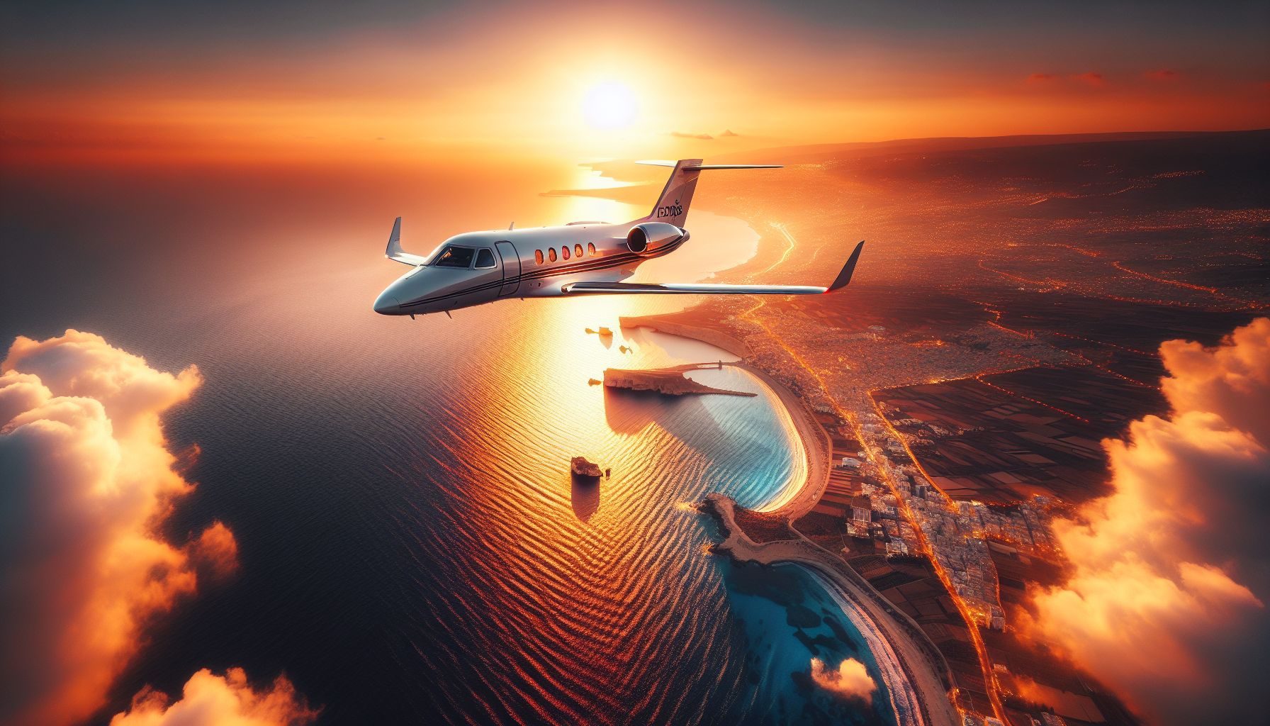 Ein atemberaubender Luftblick auf Zypern, beleuchtet von der untergehenden Sonne, mit einem Privatjet, der über dem glitzernden Mittelmeer fliegt, illustriert die strategische Lage der Insel.