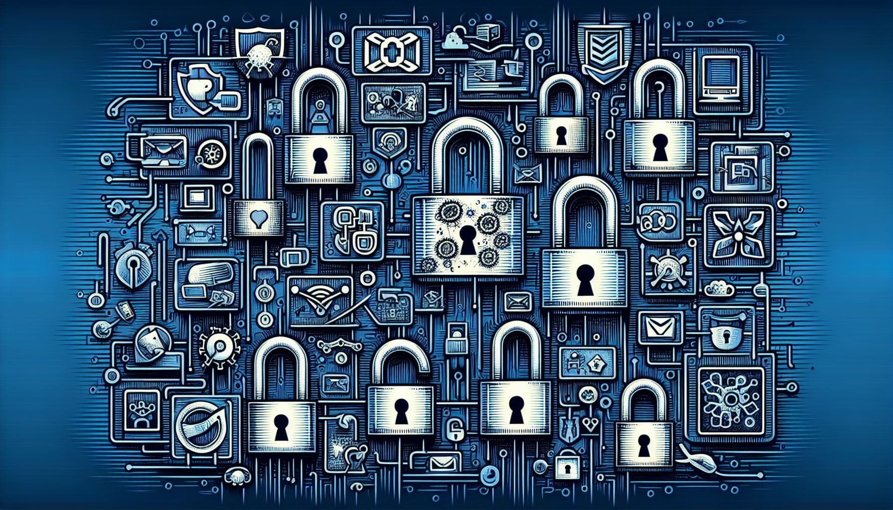 The image of multiple padlocks symbolizing diverse cybersecurity service providers acting as a strong defense against potential threats. Each padlock could bear a logo representing a digital threat that it defends against.