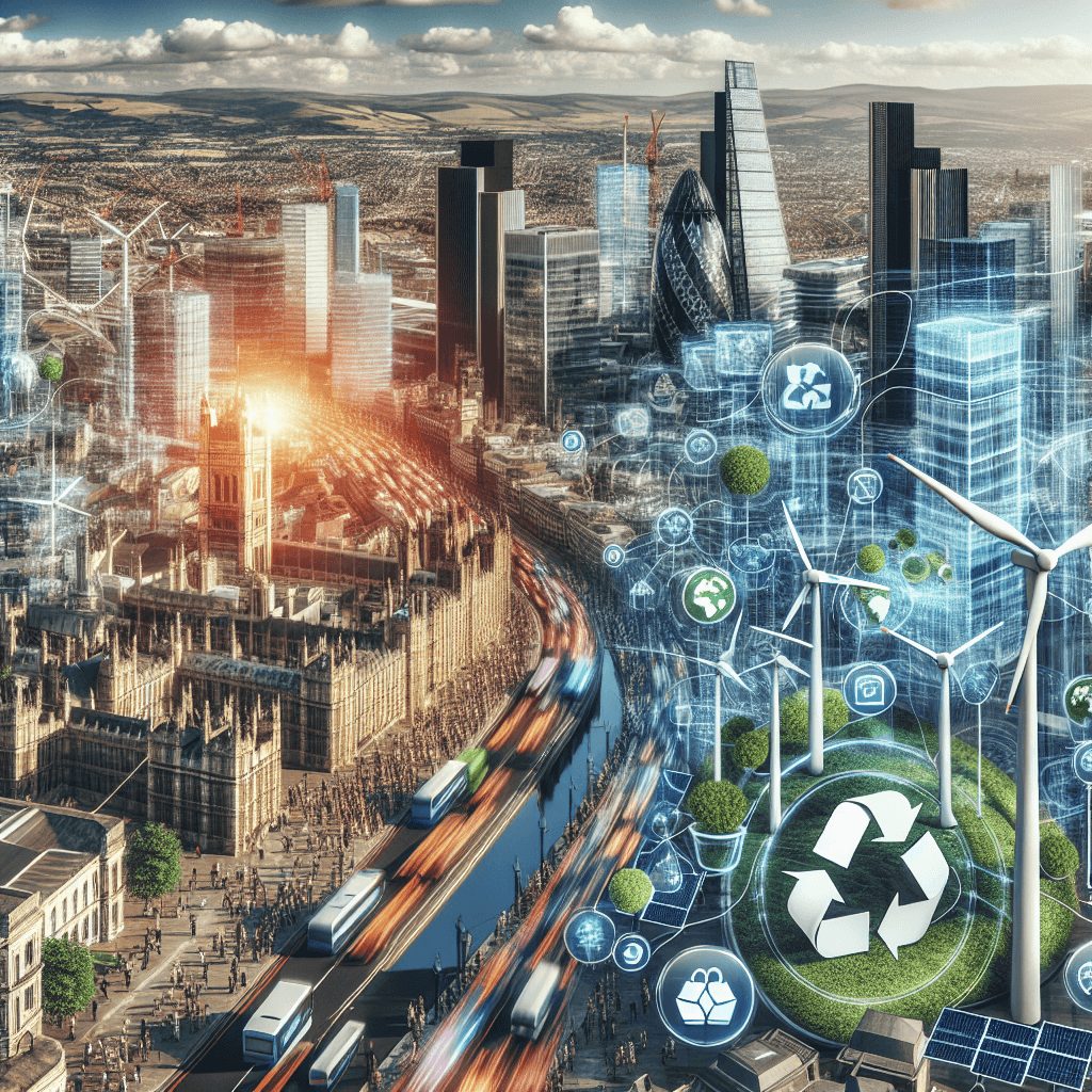 A hustling UK cityscape juxtaposed with elements symbolising green initiatives like wind turbines, solar panels, and recycling symbols, representing the balance between business growth and sustainable practices.