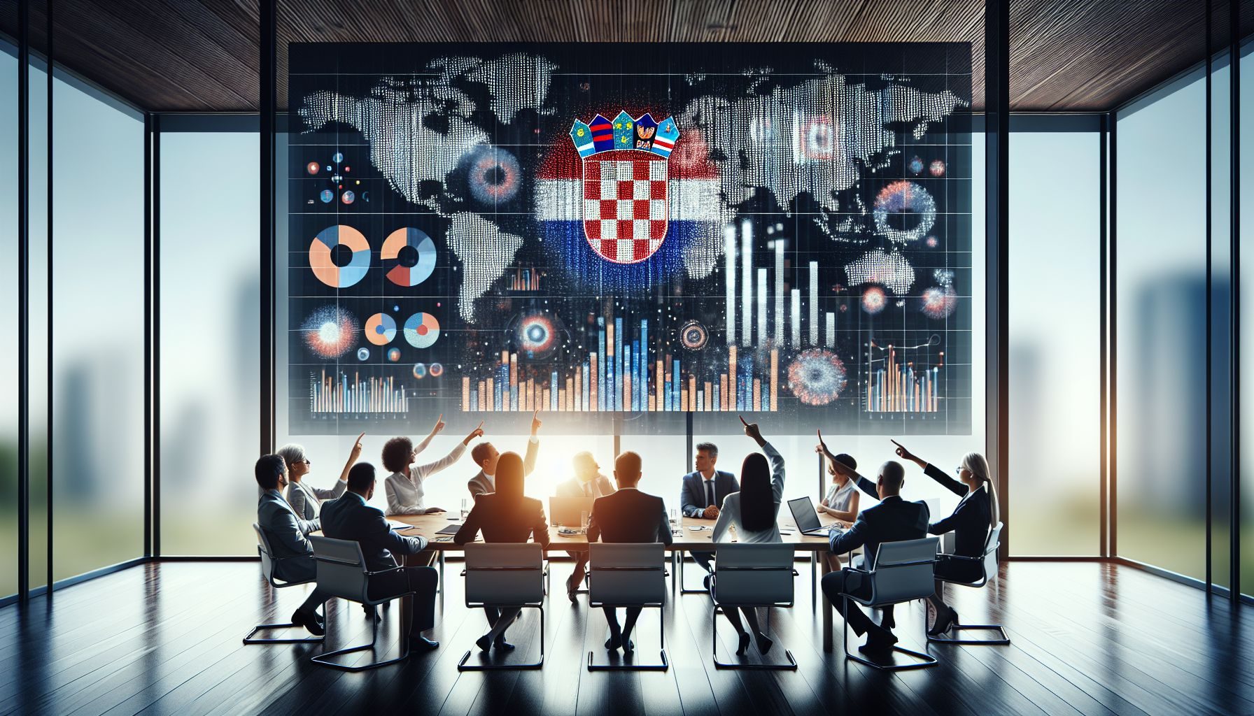 A diverse group of executives sitting around a conference table, with a digital screen displaying bar graphs and pie charts of labor market statistics in Croatia.