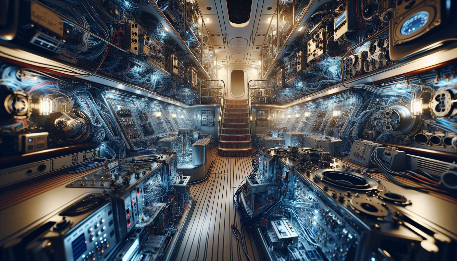 A close-up image capturing the meticulous inspection process of a yacht's systems and interior spaces, showcasing the intricate technical details but without delineating any person performing the task.
