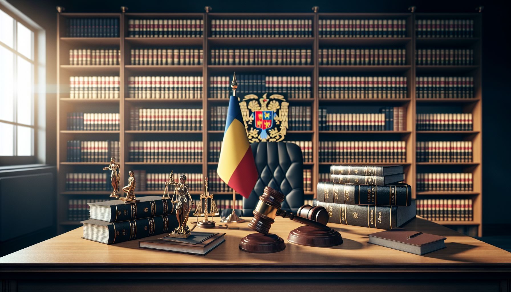 A pile of legal documents, a gavel, and a small Romanian flag, visualizing the legal aspects of business ownership transfer in Romania.