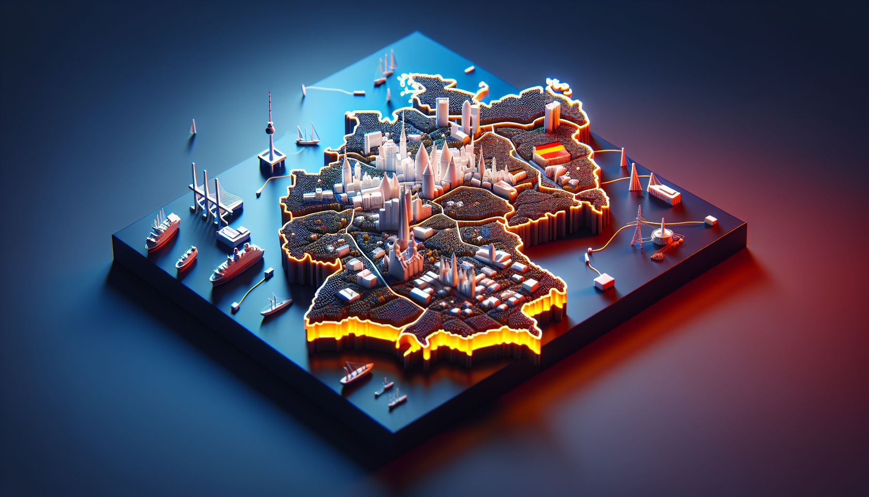 Un mapa estilizado en 3D de Alemania, mostrando su poder económico en la Unión Europea con destacado en las principales ciudades.