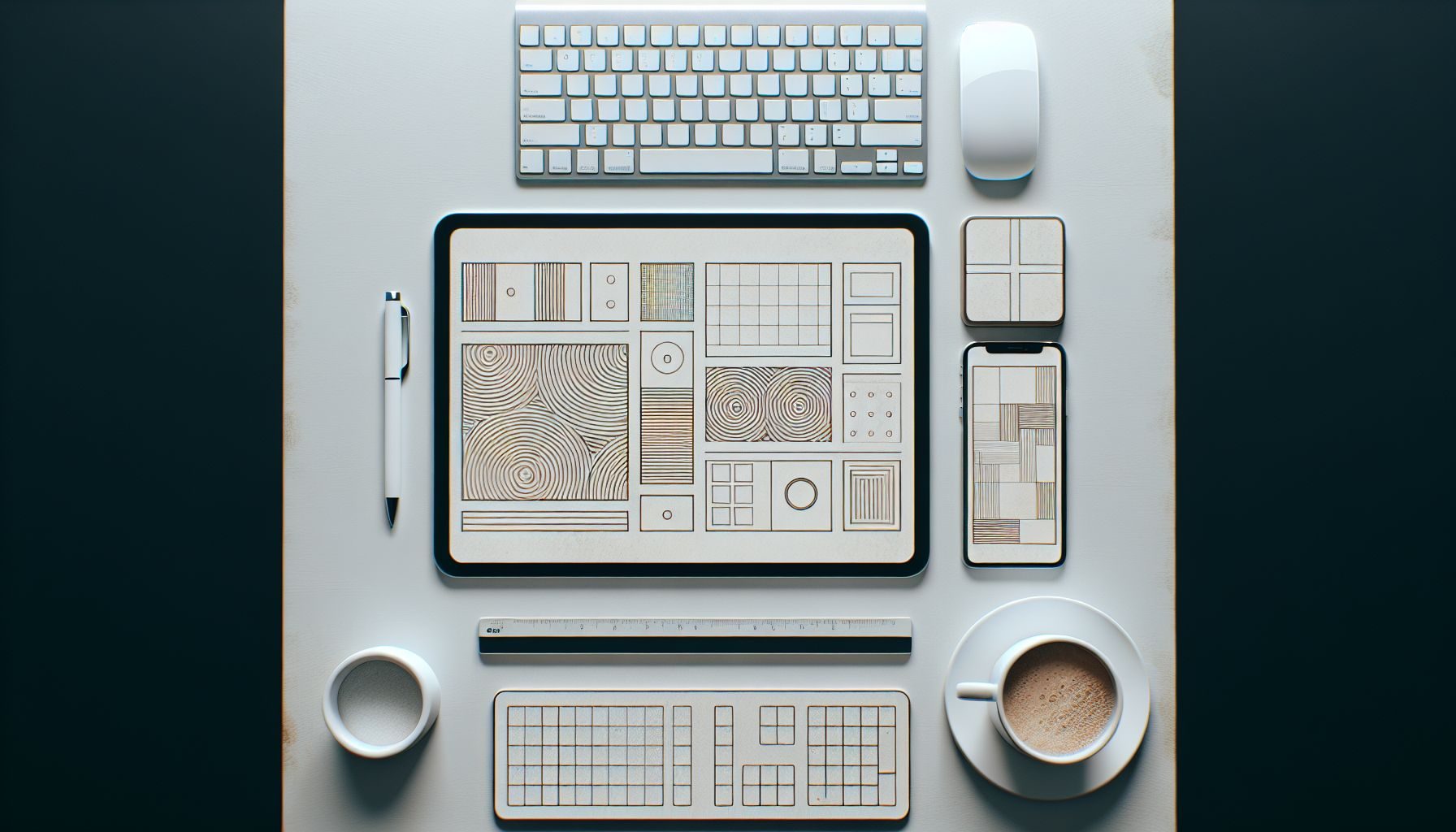 Vue à plat d'un espace de travail avec une tablette numérique, un clavier et une tasse de café, avec les applications assorties de Microsoft Office 365, Adobe Creative Cloud, Salesforce, Slack et Google Workspace affichées sur l'écran de la tablette.