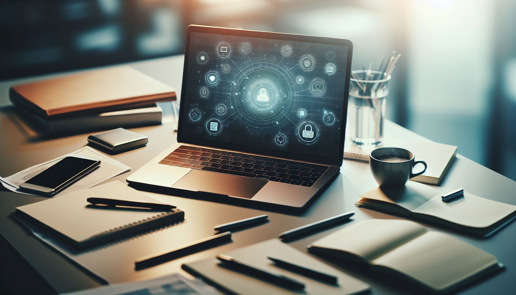화면에 열린 LinkedIn 프로필을 표시하는 MacBook의 이미지가 데스크톱에 있고, 인쇄된 이력서와 몇 가지 채용 브로셔들이 올려져 있습니다. 이것은 전문 채용 대행사와의 연계와 온라인 채용 플랫폼의 전략적 이용을 상징합니다.