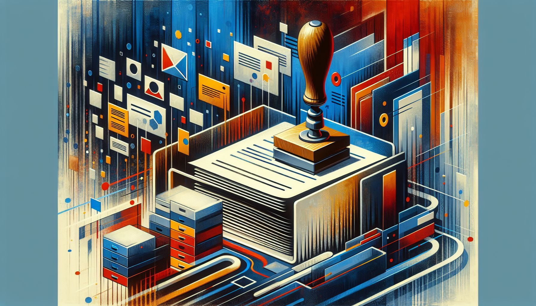 An abstract art representation of registration and licensing process with relevant symbolic icons like document, a stamp, and a filing cabinet.