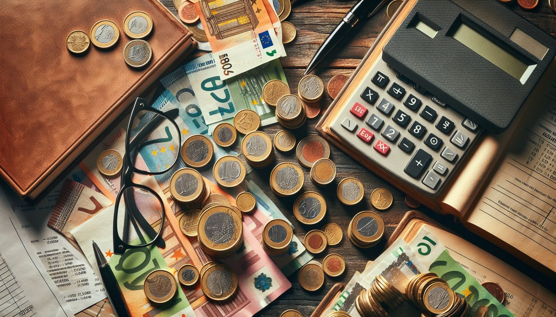 テーブル上に散らばる様々なベルギーの硬貨と紙幣の上からの視点、それは収入と課税の概念を反映しています。